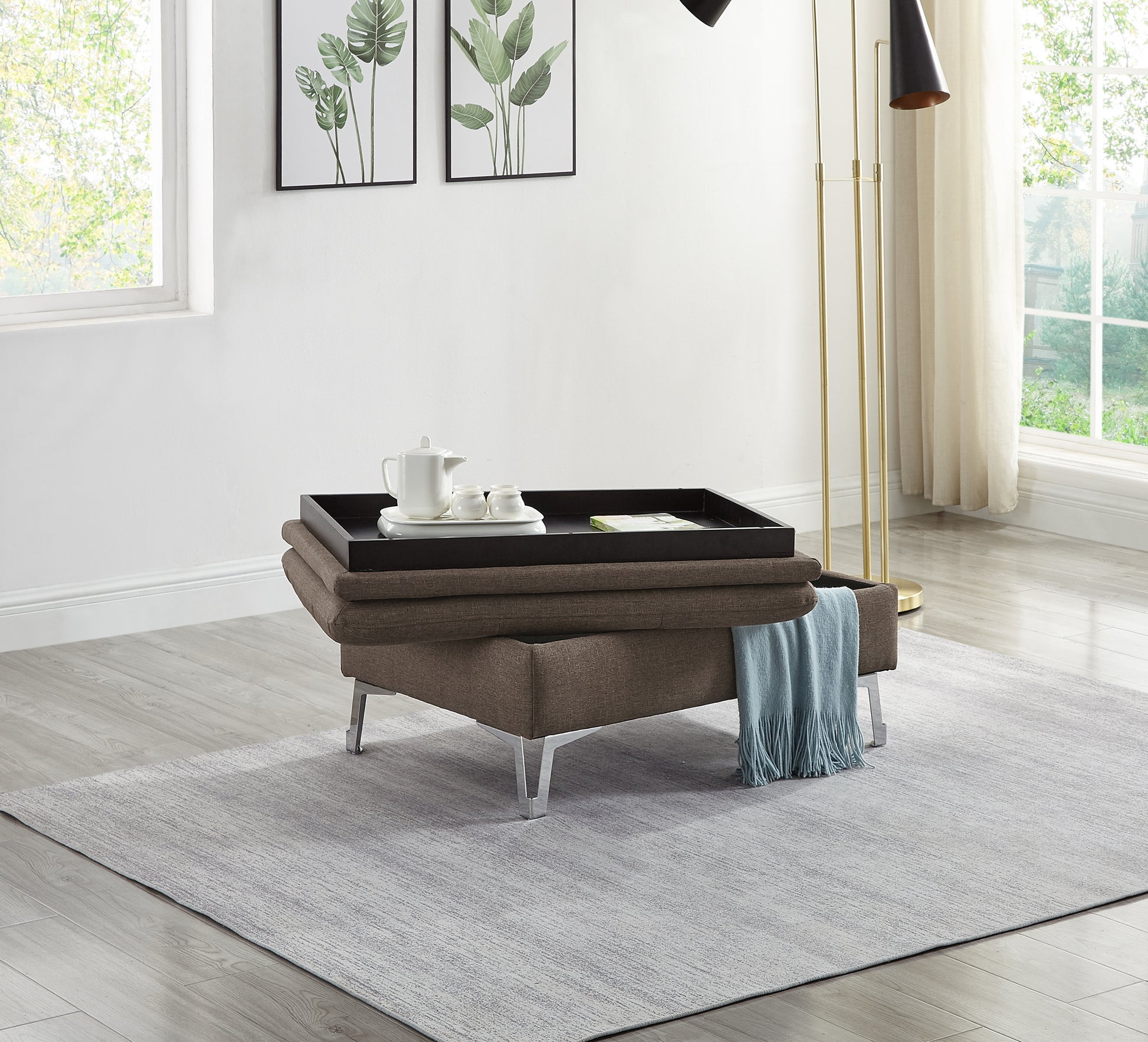 Casual Style Storage Ottoman 1Pc Chocolate Color Fabric Upholstered Metal Legs Living Room Furniture Chocolate Primary Living Space Fabric