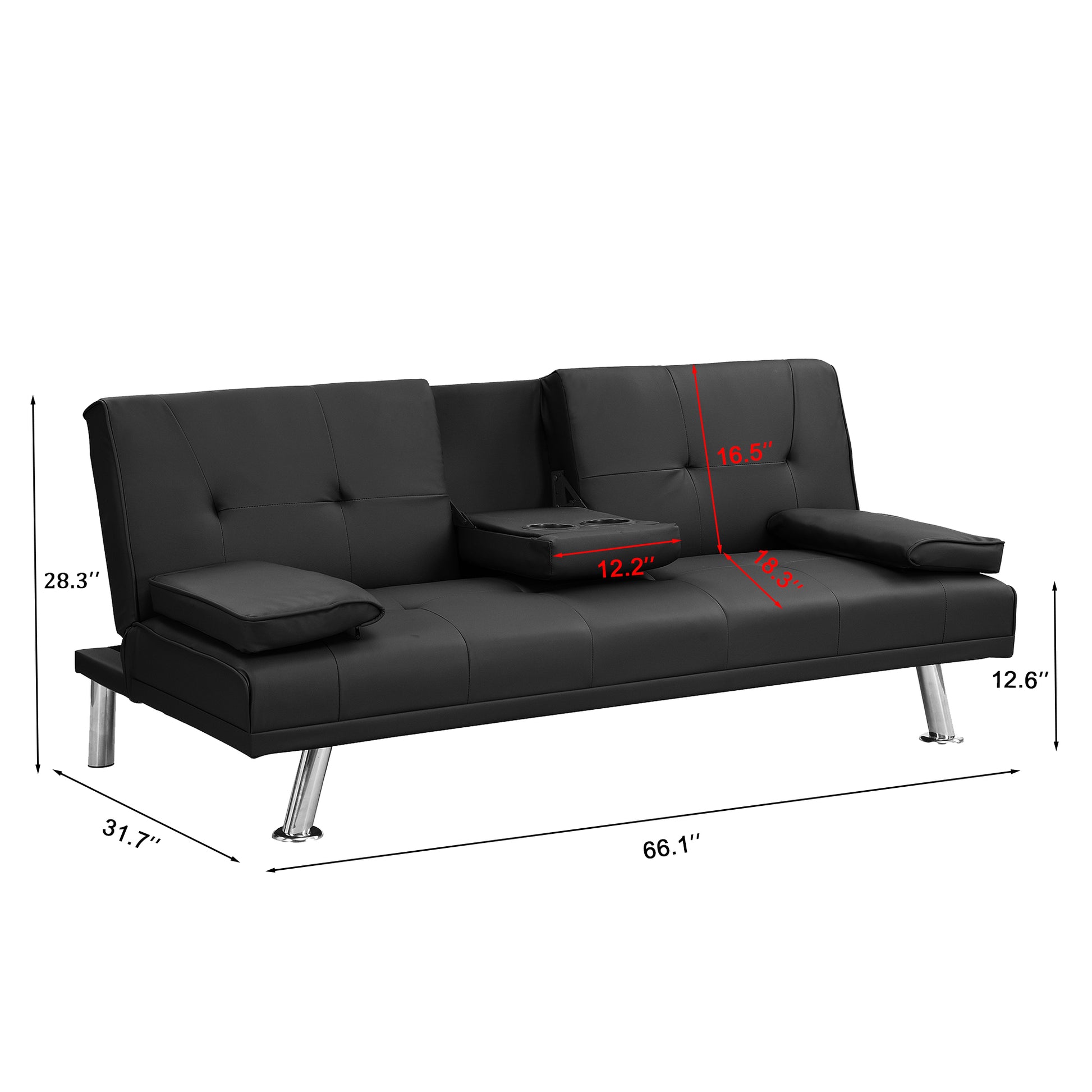 Sofa Bed With Armrest Two Holders Wood Frame, Stainless Leg, Futon Black Pvc Black Leather
