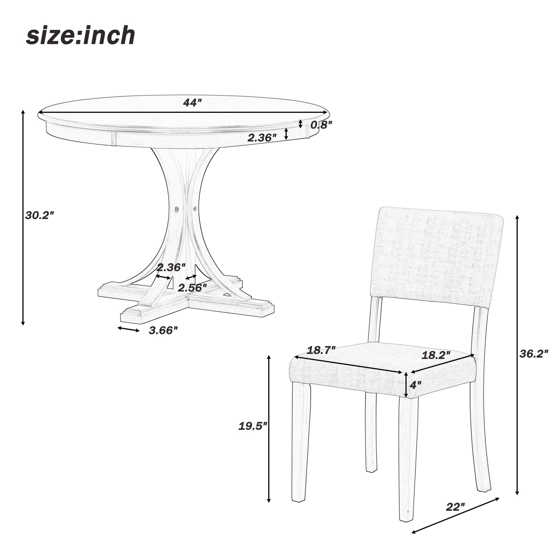 5 Piece Retro Round Dining Table Set With Curved Trestle Style Table Legs And 4 Upholstered Chairs For Dining Room Dark Gray Dark Gray Solid Wood