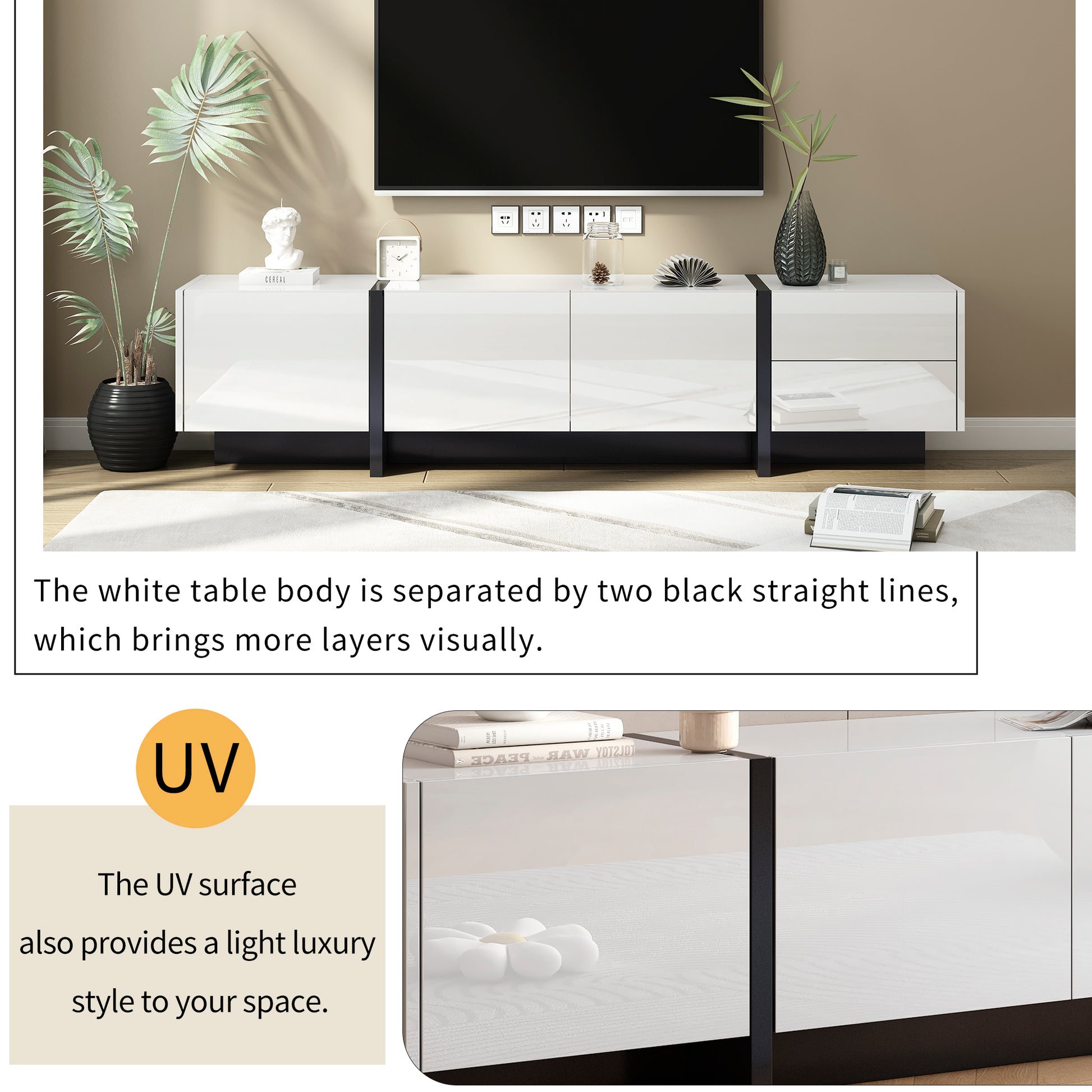 White & Black Contemporary Rectangle Design Tv Stand, Unique Style Tv Console Table For Tvs Up To 80'', Modern Tv Cabinet With High Gloss Uv Surface For Living Room. White 80 89 Inches Particle Board