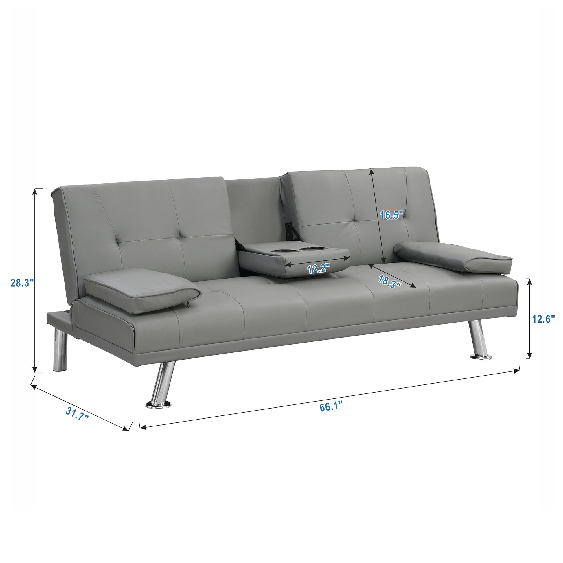 Sofa Bed With Armrest Two Holders Wood Frame, Stainless Leg, Futon Grey Pvc Grey Leather