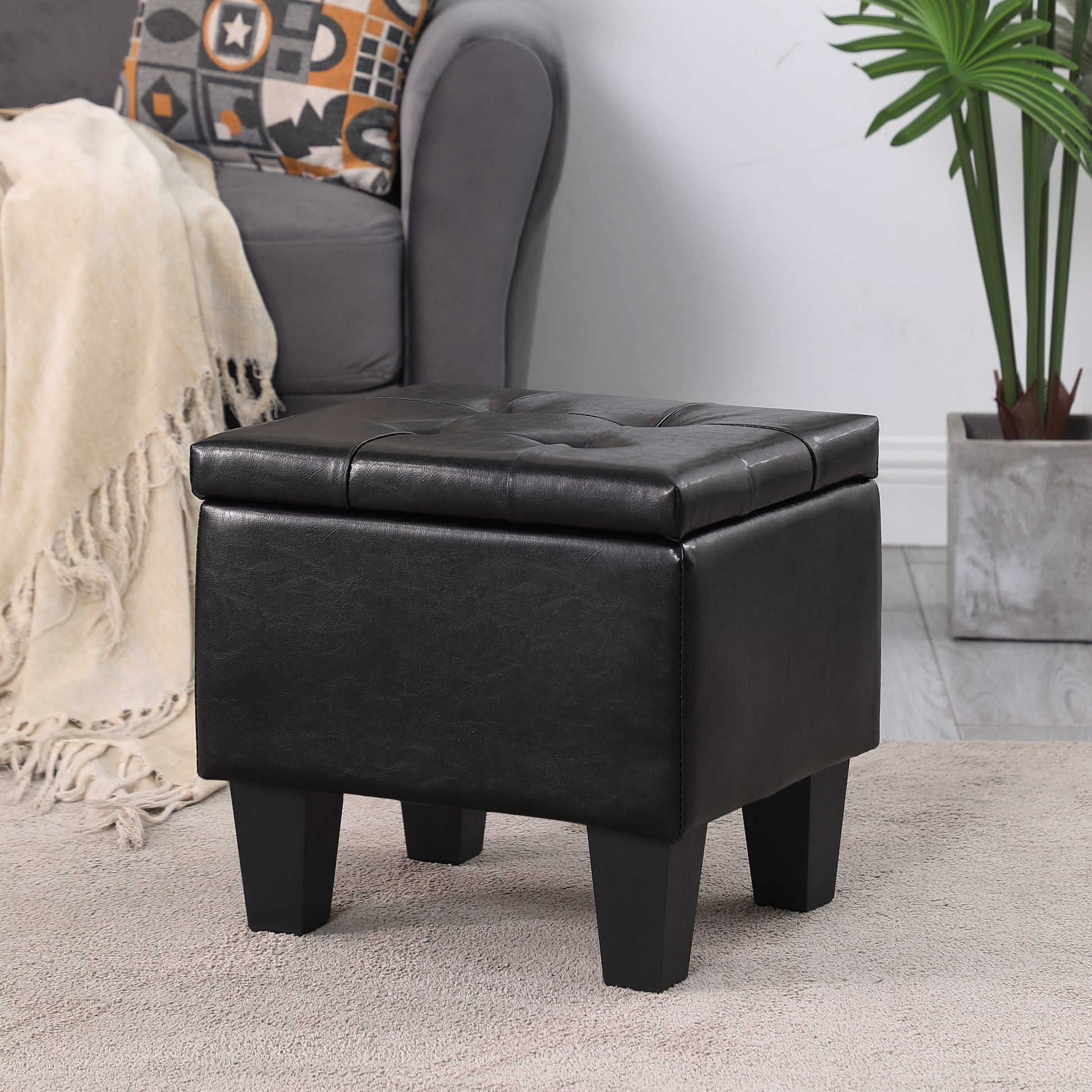 Video Large Storage Ottoman Bench Set, 3 In 1 Combination Ottoman, Tufted Ottoman Linen Bench For Living Room, Entryway, Hallway, Bedroom Support 250Lbs Black Pu