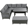Tomax 5 Piece Outdoor Patio Rattan Sofa Set, Sectional Pe Wicker L Shaped Garden Furniture Set With 2 Extendable Side Tables, Dining Table And Washable Covers For Backyard, Poolside, Indoor, Gray Yes Complete Patio Set Gray Water Resistant Frame Water