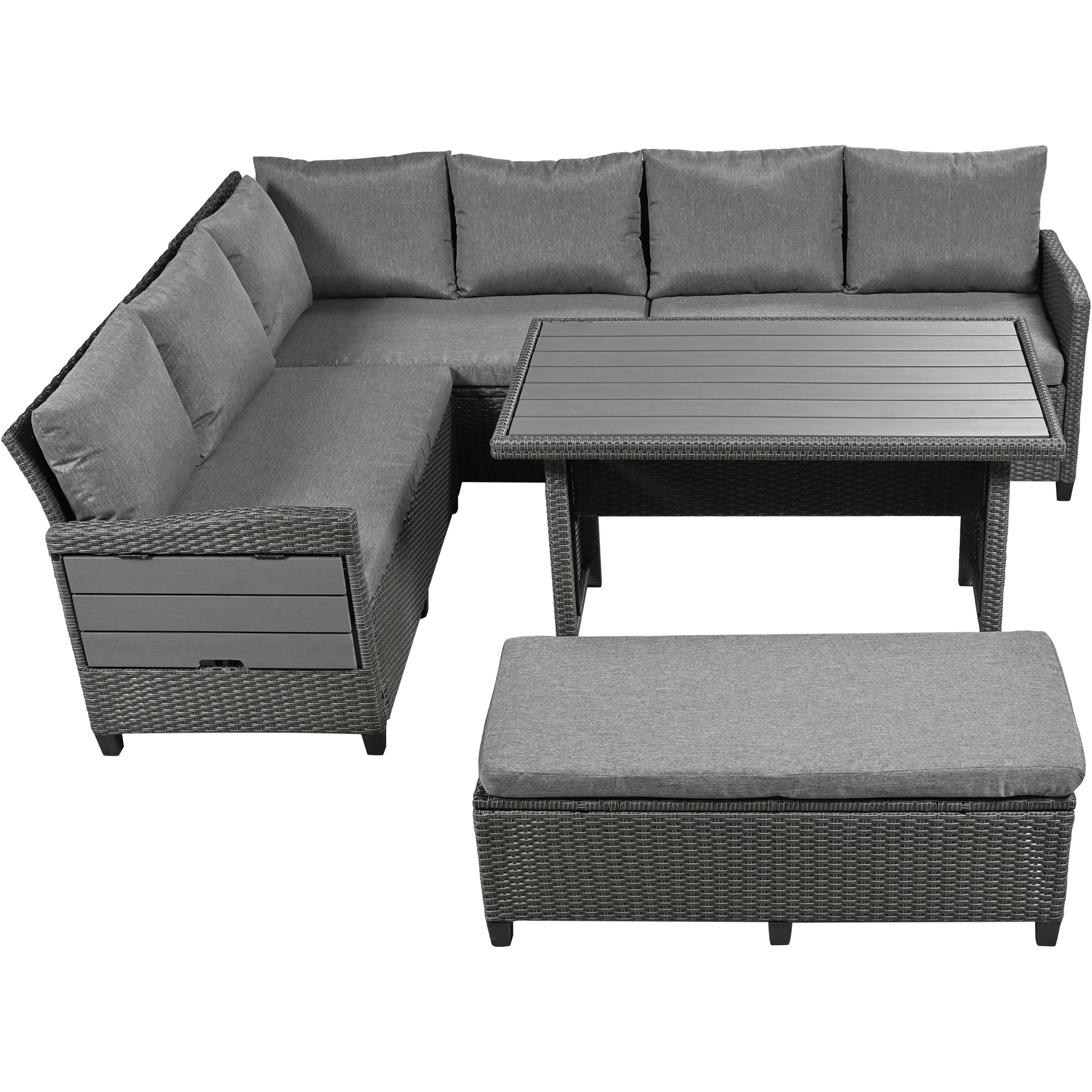 Tomax 5 Piece Outdoor Patio Rattan Sofa Set, Sectional Pe Wicker L Shaped Garden Furniture Set With 2 Extendable Side Tables, Dining Table And Washable Covers For Backyard, Poolside, Indoor, Gray Yes Complete Patio Set Gray Water Resistant Frame Water