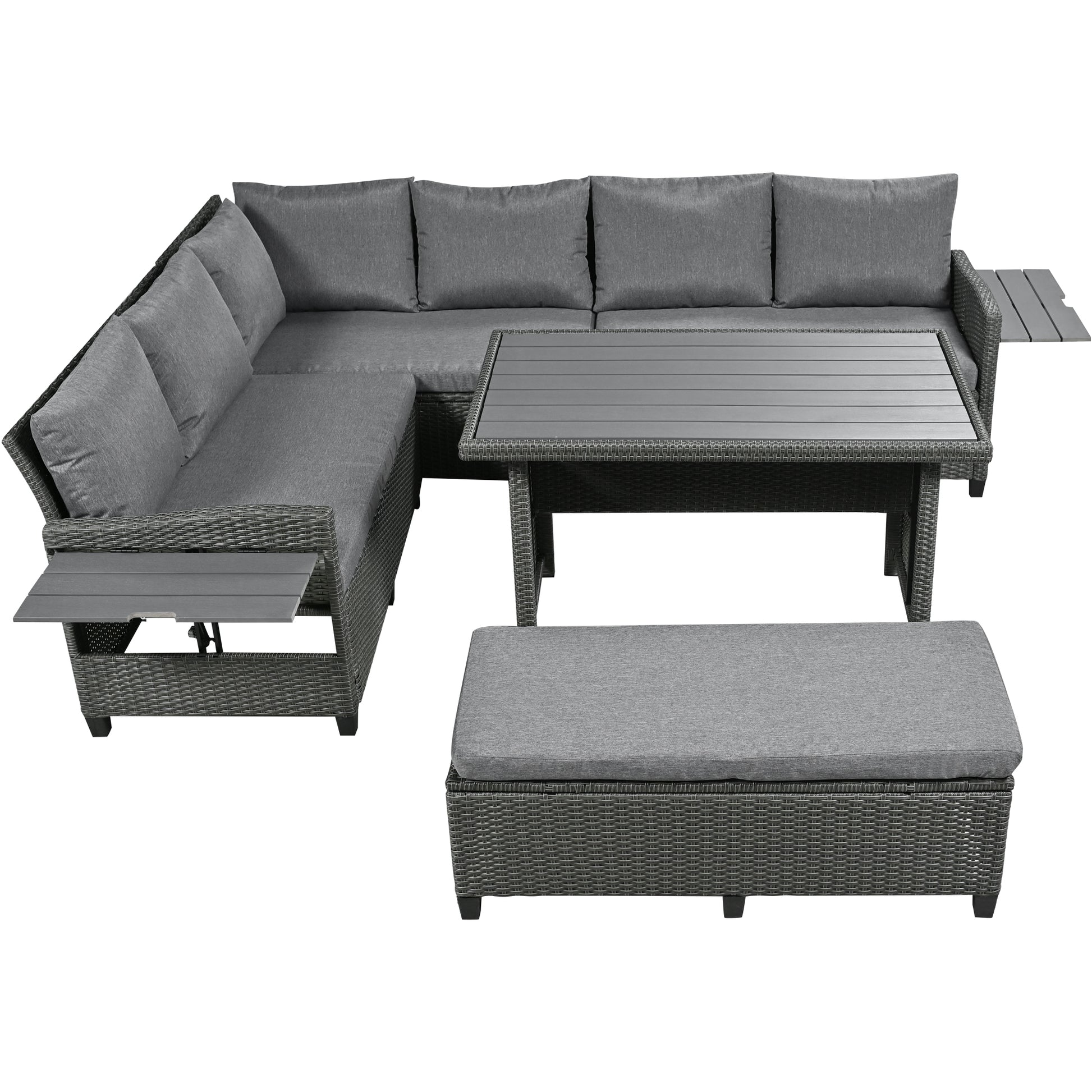 Tomax 5 Piece Outdoor Patio Rattan Sofa Set, Sectional Pe Wicker L Shaped Garden Furniture Set With 2 Extendable Side Tables, Dining Table And Washable Covers For Backyard, Poolside, Indoor, Gray Yes Complete Patio Set Gray Water Resistant Frame Water