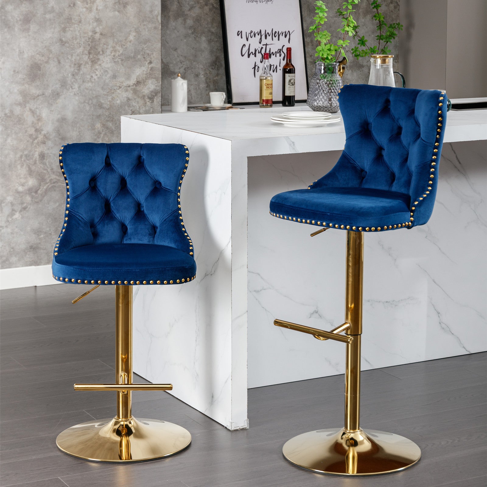 Golden Swivel Velvet Barstools Adjusatble Seat Height From 25 33 Inch, Modern Upholstered Bar Stools With Backs Comfortable Tufted For Home Pub And Kitchen Island,Blue,Set Of 2 Blue Dining Room American Design Bar Stools Wing Back Foam Velvet