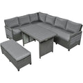 Tomax 5 Piece Outdoor Patio Rattan Sofa Set, Sectional Pe Wicker L Shaped Garden Furniture Set With 2 Extendable Side Tables, Dining Table And Washable Covers For Backyard, Poolside, Indoor, Gray Yes Complete Patio Set Gray Water Resistant Frame Water