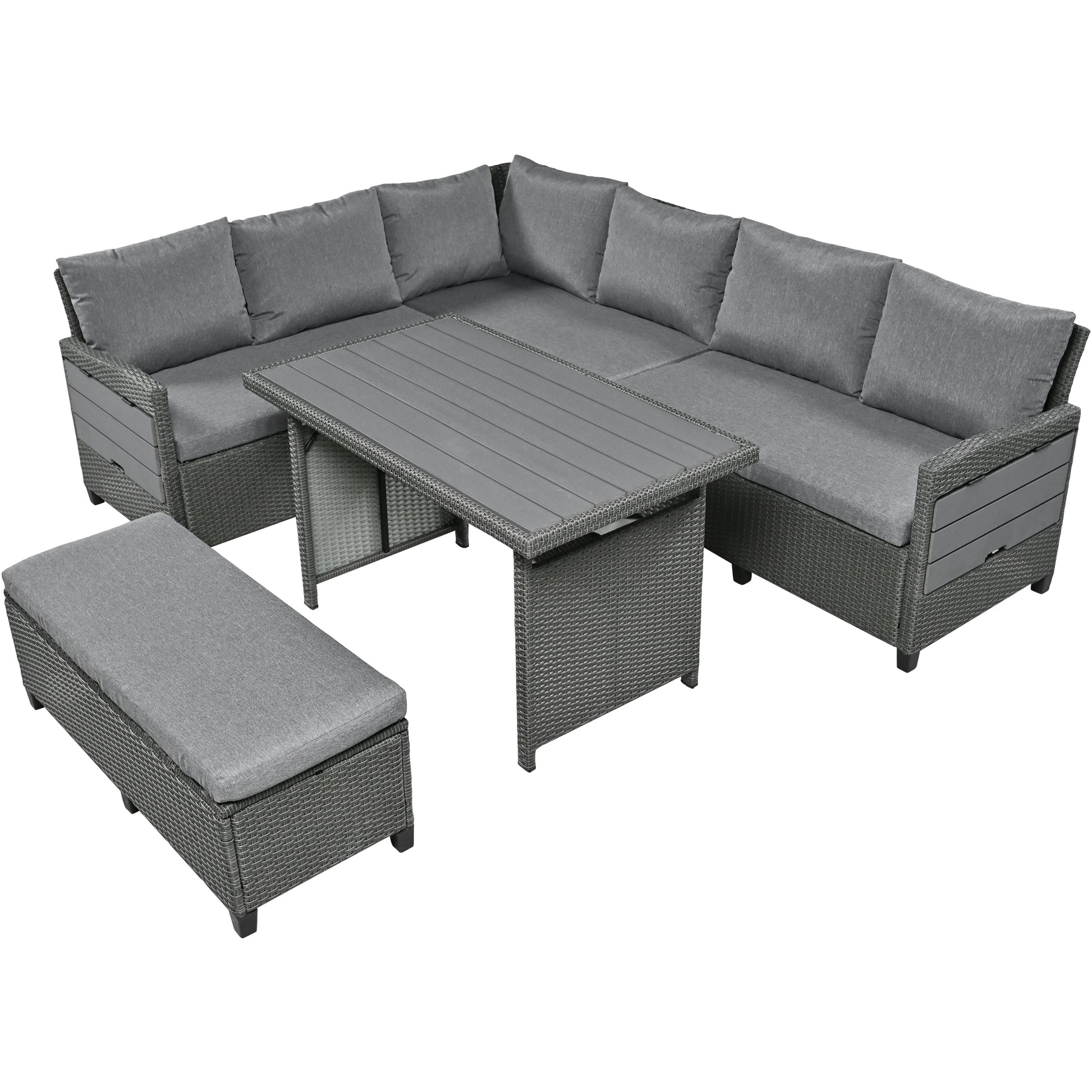 Tomax 5 Piece Outdoor Patio Rattan Sofa Set, Sectional Pe Wicker L Shaped Garden Furniture Set With 2 Extendable Side Tables, Dining Table And Washable Covers For Backyard, Poolside, Indoor, Gray Yes Complete Patio Set Gray Water Resistant Frame Water