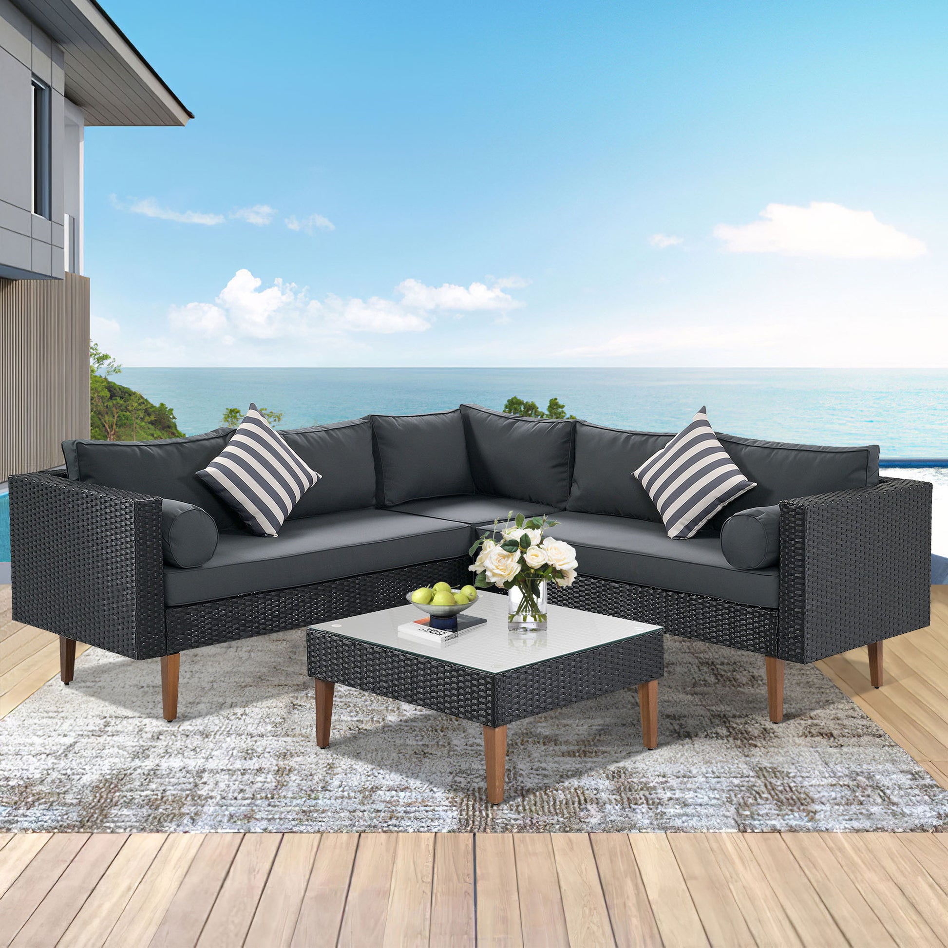 4 Pieces Outdoor Wicker Sofa Set, Patio Furniture With Colorful Pillows, L Shape Sofa Set, Gray Cushions And Black Rattan Yes Black Gray Wicker