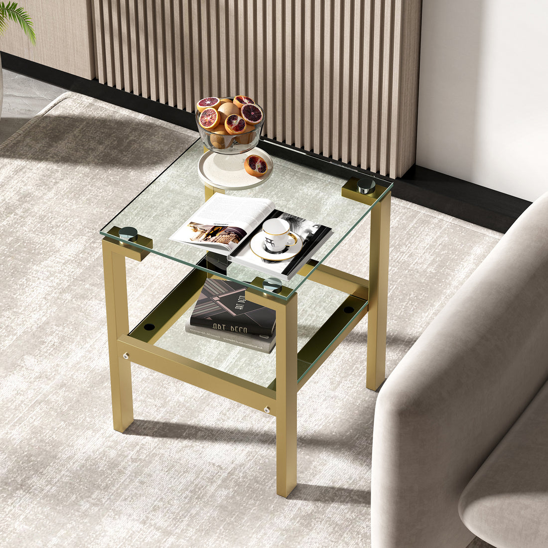 Clear Glass Side & End Table With Gold Legs Tempered Glass Night Stand Corner Table Gold Glass