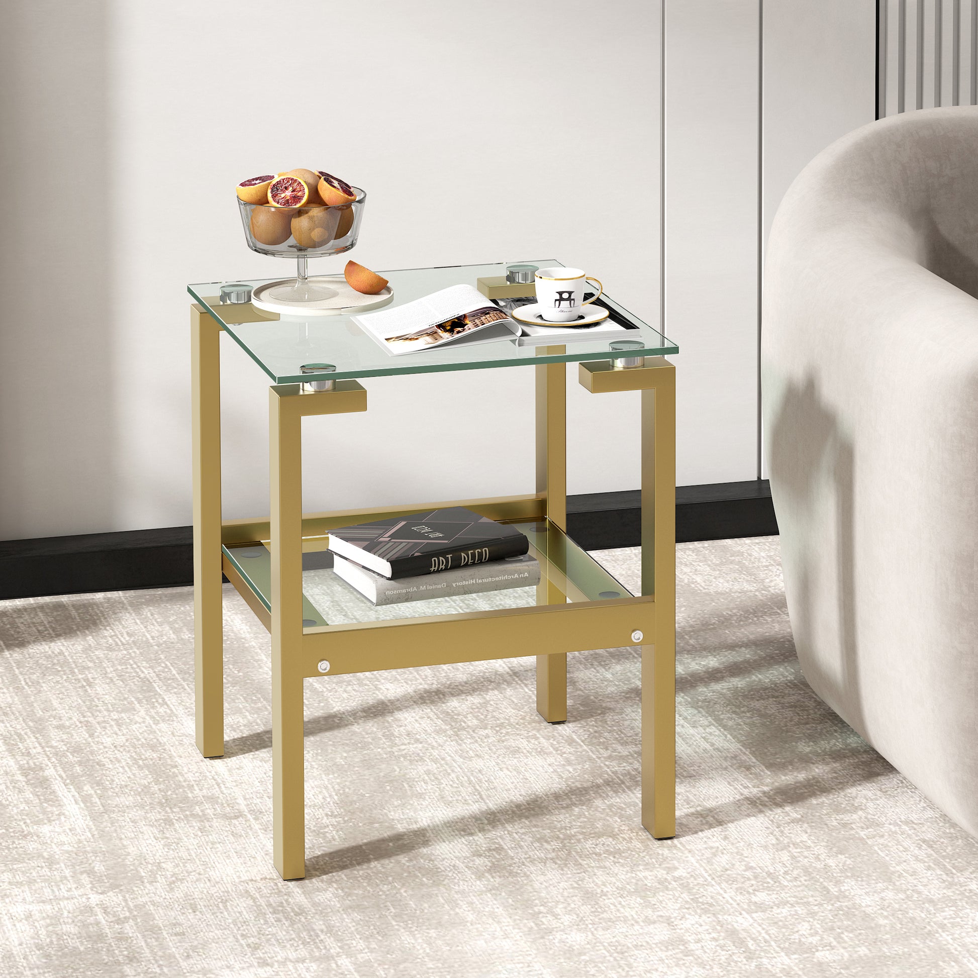 Clear Glass Side & End Table With Gold Legs Tempered Glass Night Stand Corner Table Gold Glass