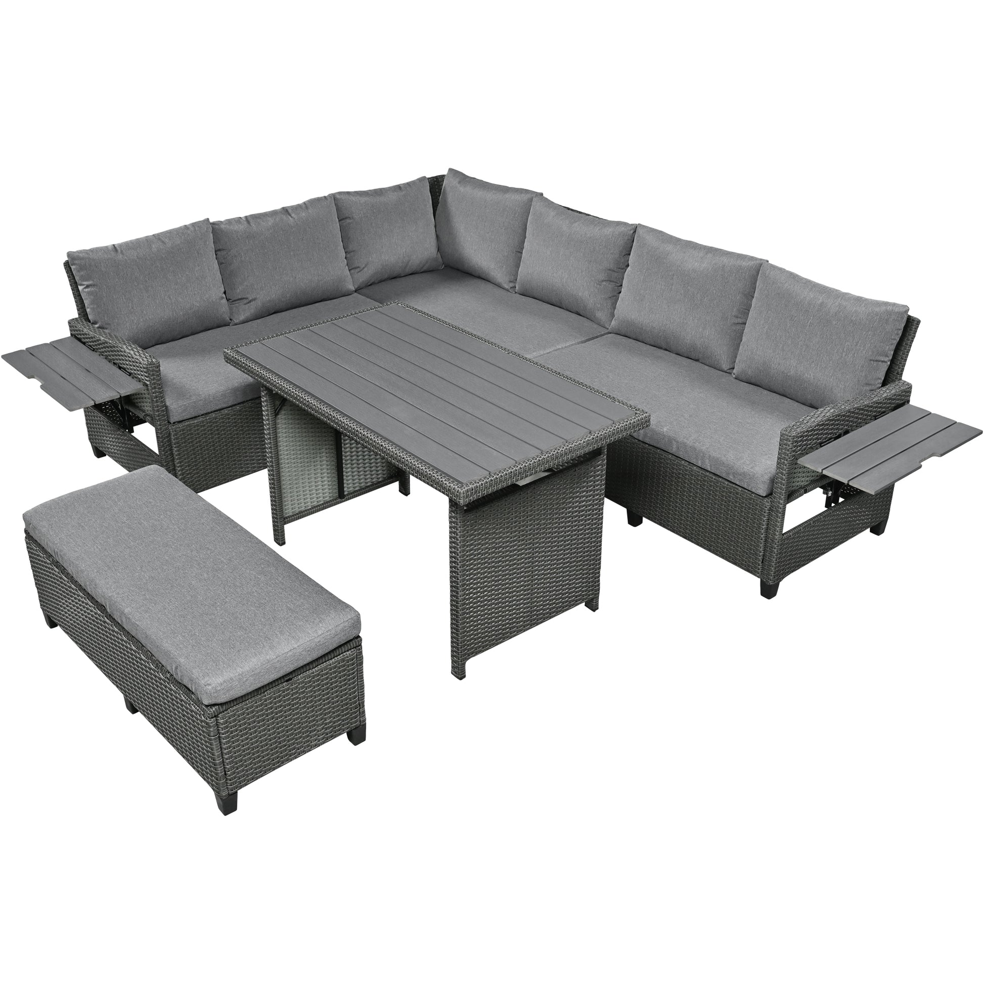 Tomax 5 Piece Outdoor Patio Rattan Sofa Set, Sectional Pe Wicker L Shaped Garden Furniture Set With 2 Extendable Side Tables, Dining Table And Washable Covers For Backyard, Poolside, Indoor, Gray Yes Complete Patio Set Gray Water Resistant Frame Water