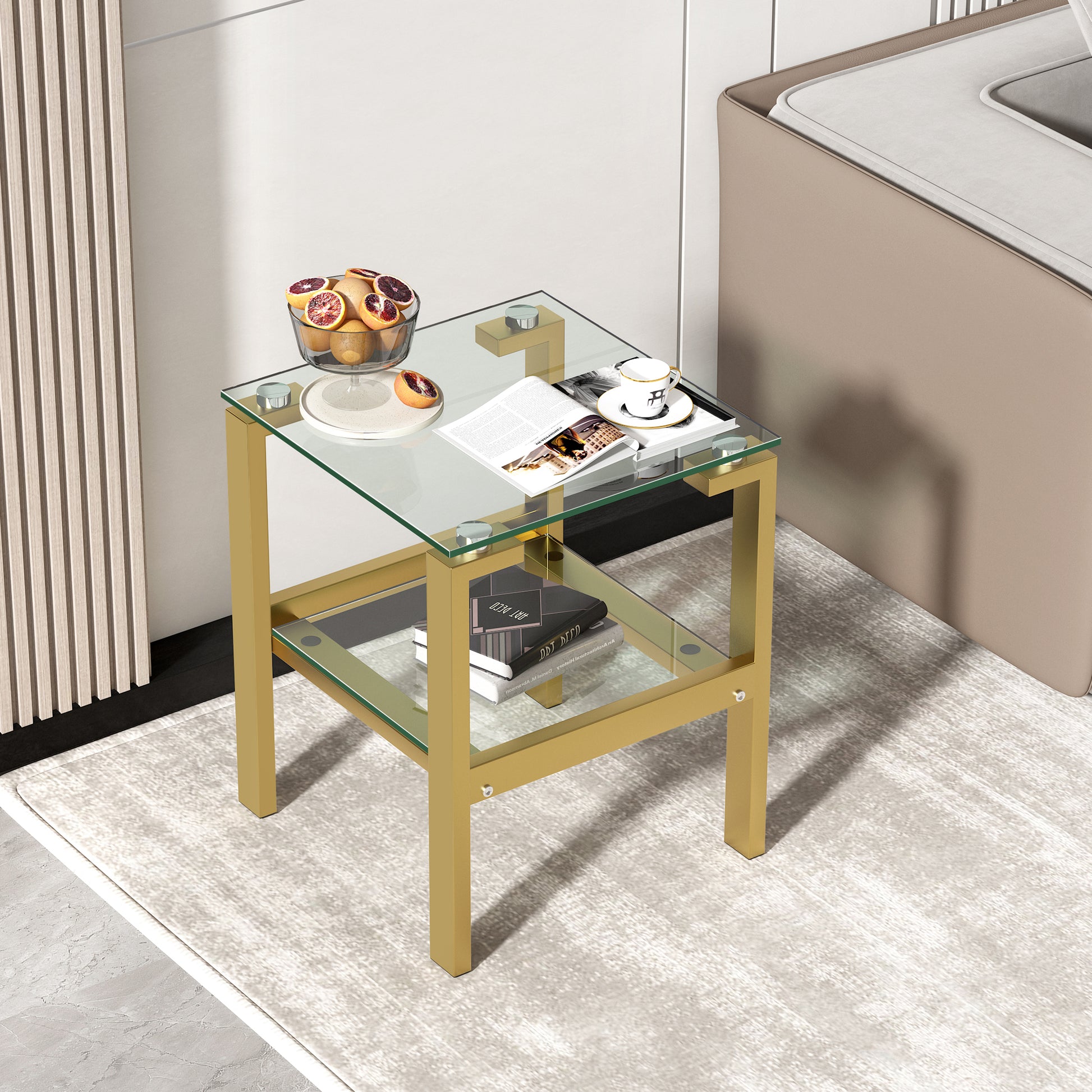 Clear Glass Side & End Table With Gold Legs Tempered Glass Night Stand Corner Table Gold Glass