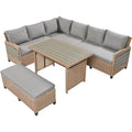 Tomax 5 Piece Outdoor Patio Rattan Sofa Set, Sectional Pe Wicker L Shaped Garden Furniture Set With 2 Extendable Side Tables, Dining Table And Washable Covers For Backyard, Poolside, Indoor, Brown