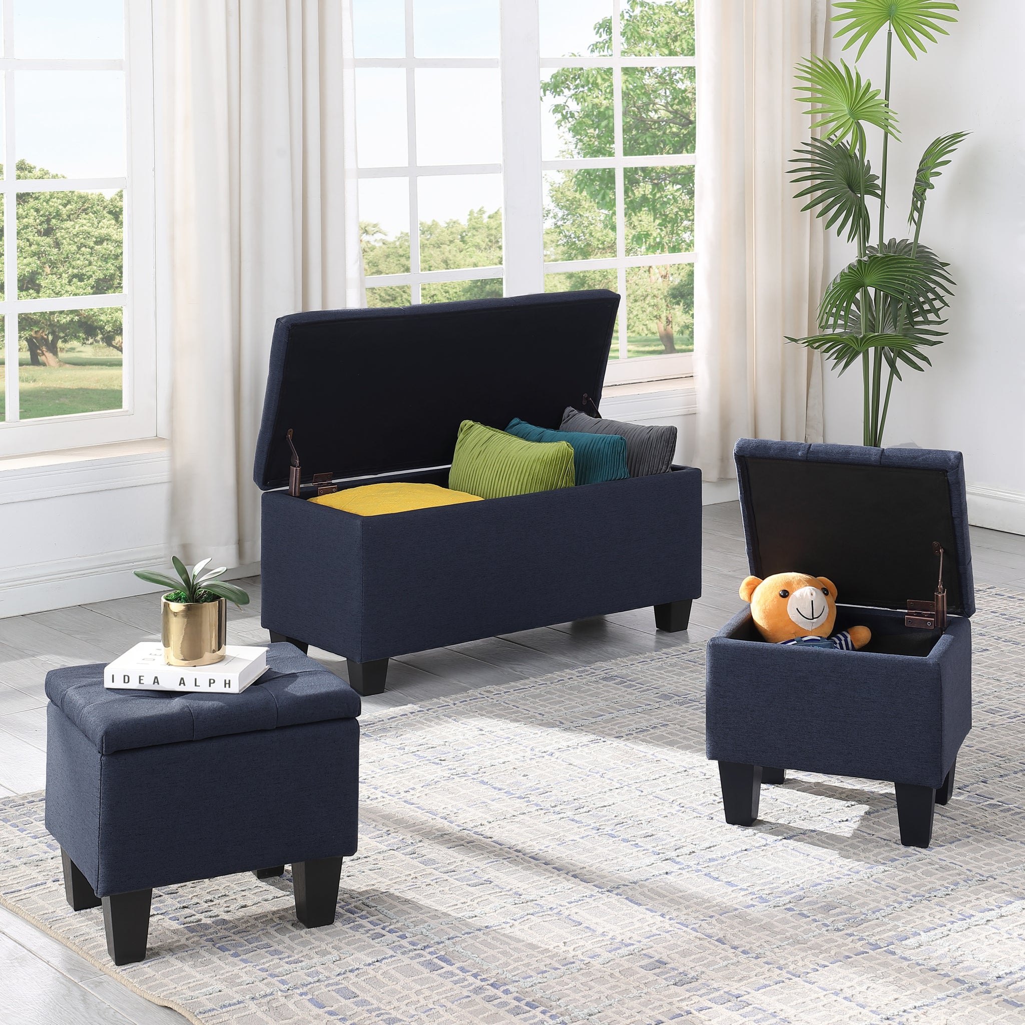 Video Large Storage Ottoman Bench Set, 3 In 1 Combination Ottoman, Tufted Ottoman Linen Bench For Living Room, Entryway, Hallway, Bedroom Support 250Lbs Dark Blue Fabric