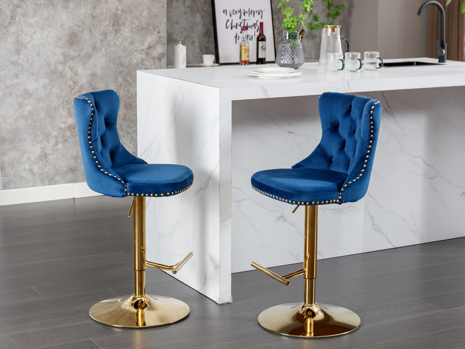 Golden Swivel Velvet Barstools Adjusatble Seat Height From 25 33 Inch, Modern Upholstered Bar Stools With Backs Comfortable Tufted For Home Pub And Kitchen Island,Blue,Set Of 2 Blue Dining Room American Design Bar Stools Wing Back Foam Velvet