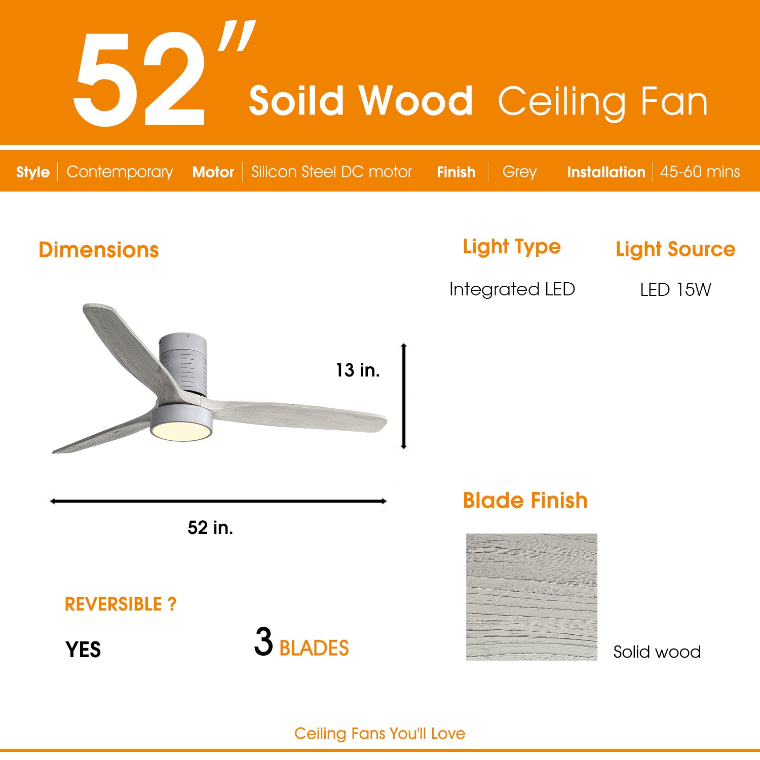 52 Inch 18W LED Ceiling Fan With Dimmable 6 Speed silver-metal & wood