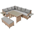 Tomax 5 Piece Outdoor Patio Rattan Sofa Set, Sectional Pe Wicker L Shaped Garden Furniture Set With 2 Extendable Side Tables, Dining Table And Washable Covers For Backyard, Poolside, Indoor, Brown