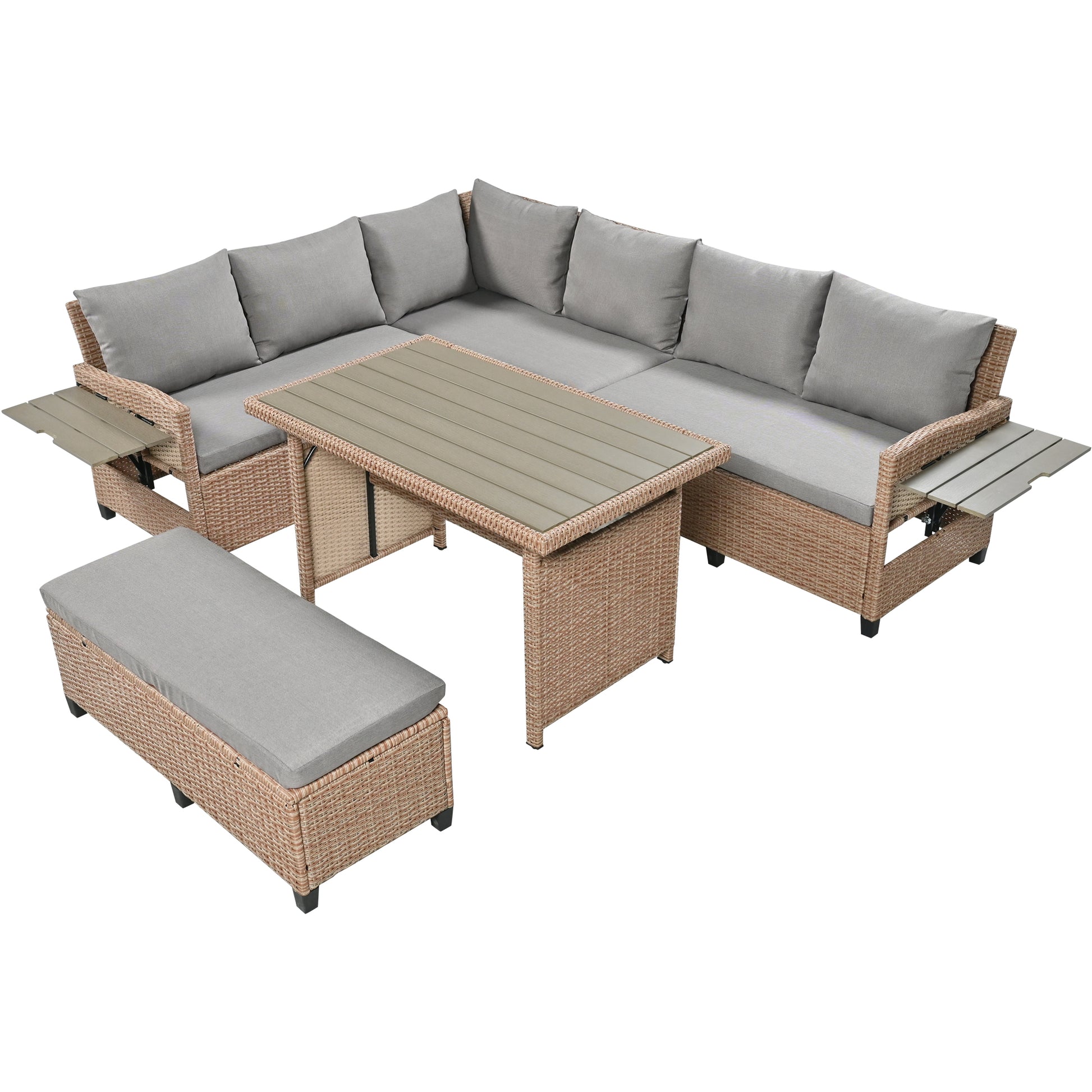 Tomax 5 Piece Outdoor Patio Rattan Sofa Set, Sectional Pe Wicker L Shaped Garden Furniture Set With 2 Extendable Side Tables, Dining Table And Washable Covers For Backyard, Poolside, Indoor, Brown