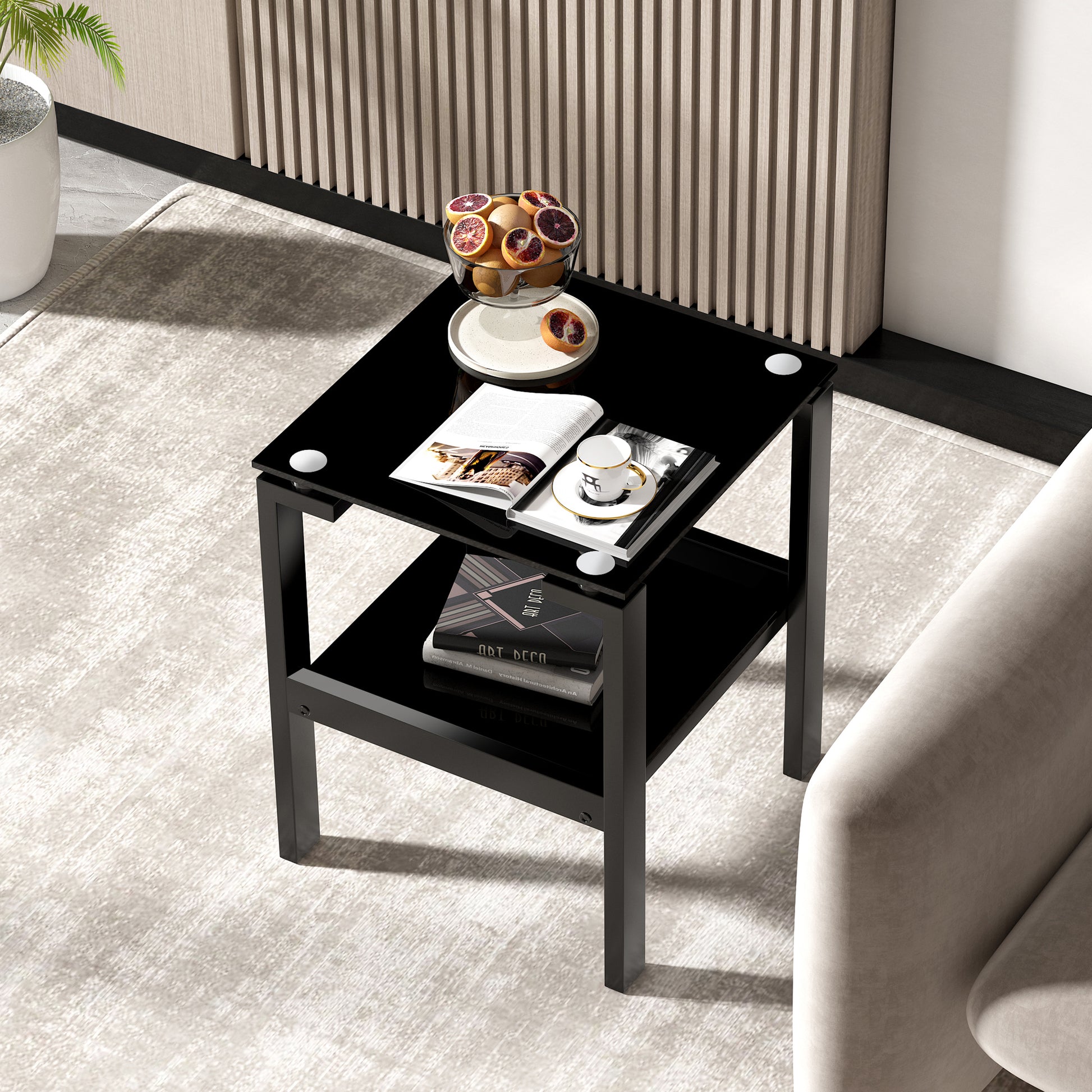 Black Glass Clear Side&End Table, 2 Tier Space End Tablecorner Table Black Glass