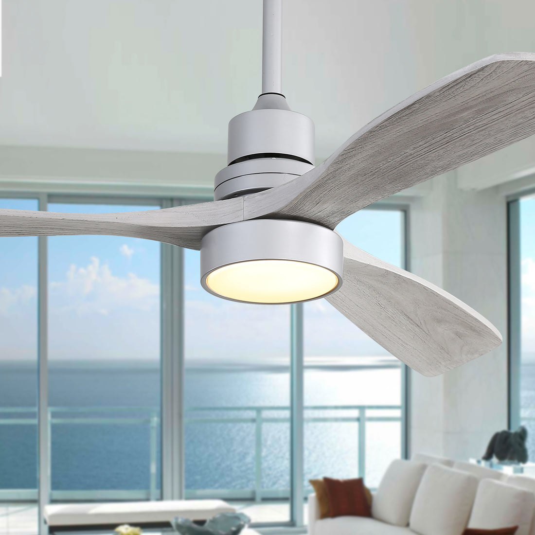 52 Inch Ceiling Fan Light With 6 Speed Remote Silver 3 Wood Blade Reversible Dc Motor For Bedroom Silver Metal & Wood