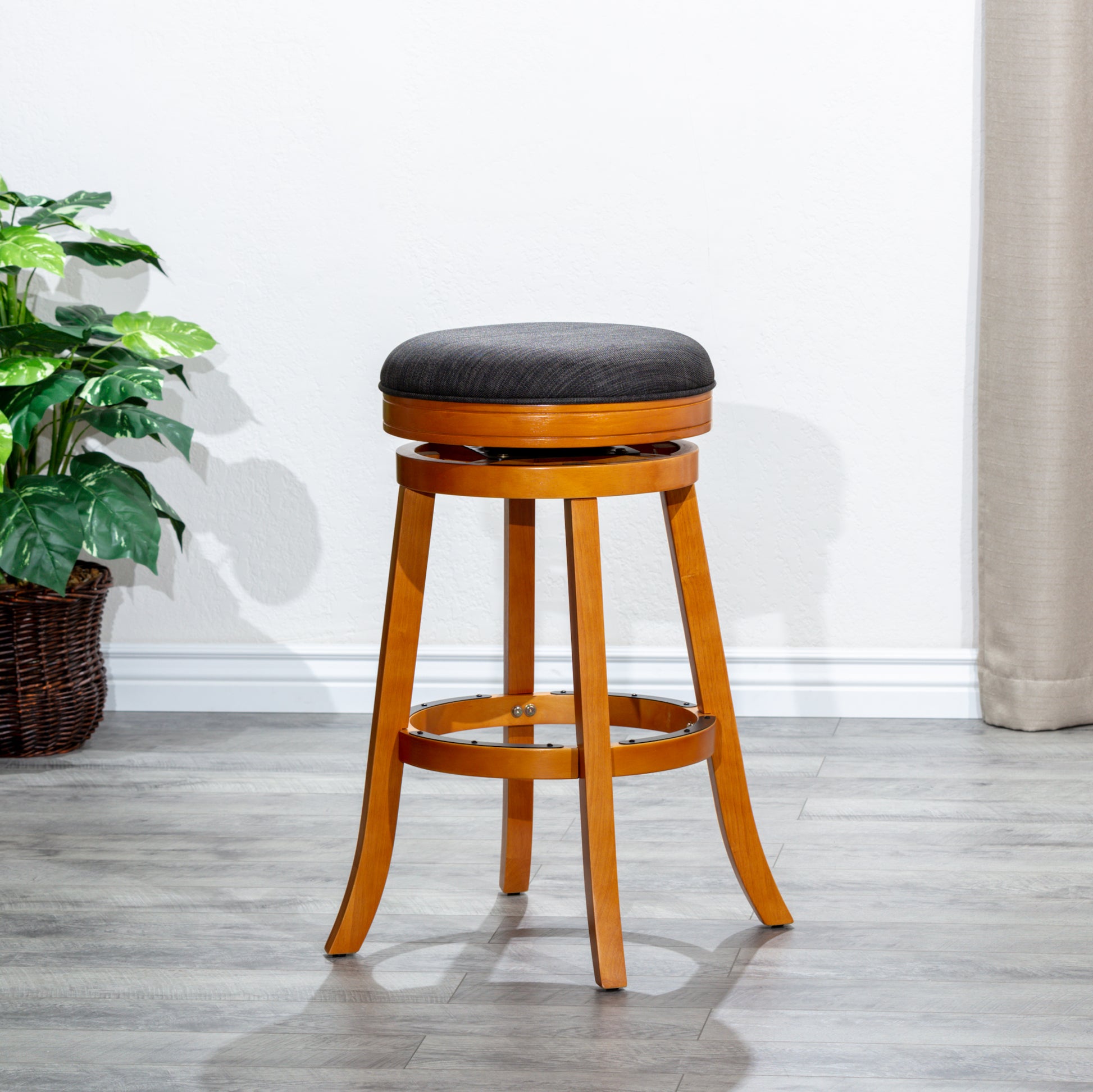 30" Bar Stool, Natural Finish, Charcoal Fabric Seat Natural Fabric