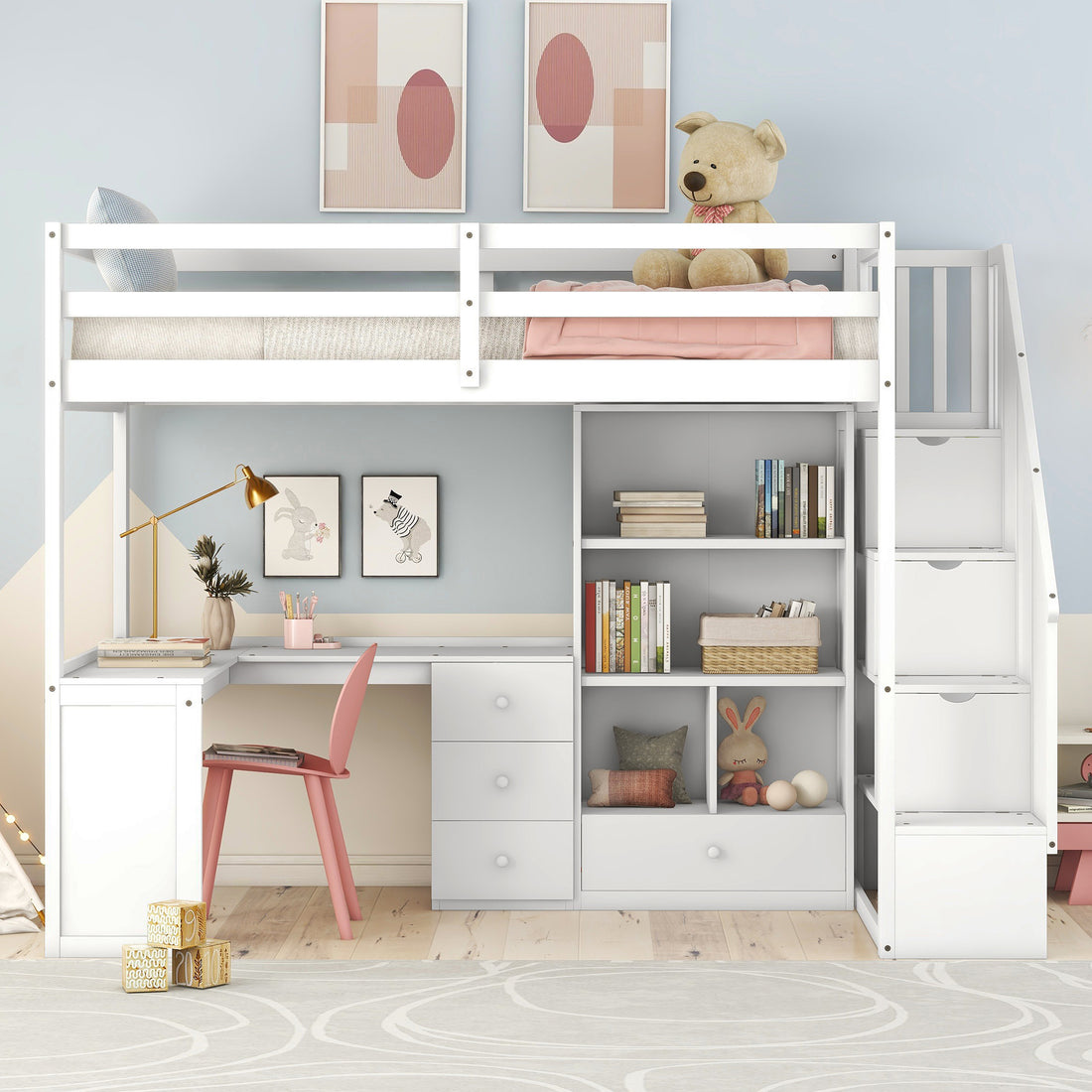 Twin Size Loft Bed With L Shaped Desk And Drawers, Cabinet And Storage Staircase, White White Pine