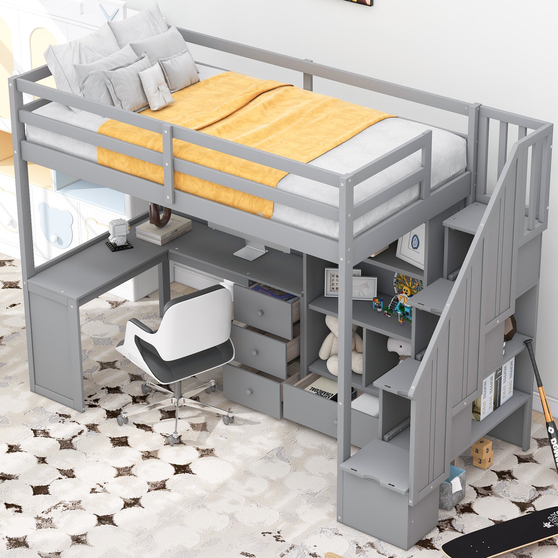 Twin Size Loft Bed With L Shaped Desk And Drawers, Cabinet And Storage Staircase, Gray Gray Pine