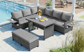 Tomax 5 Piece Outdoor Patio Rattan Sofa Set, Sectional Pe Wicker L Shaped Garden Furniture Set With 2 Extendable Side Tables, Dining Table And Washable Covers For Backyard, Poolside, Indoor, Gray Yes Complete Patio Set Gray Water Resistant Frame Water