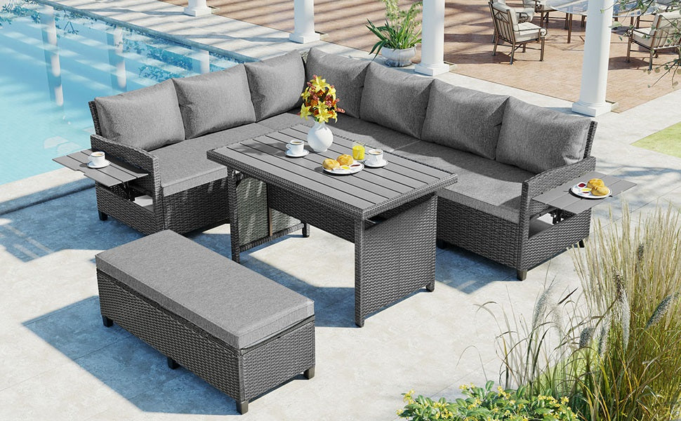 Tomax 5 Piece Outdoor Patio Rattan Sofa Set, Sectional Pe Wicker L Shaped Garden Furniture Set With 2 Extendable Side Tables, Dining Table And Washable Covers For Backyard, Poolside, Indoor, Gray Yes Complete Patio Set Gray Water Resistant Frame Water