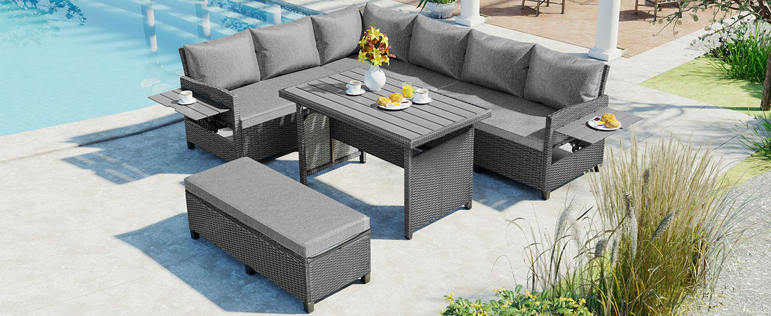 Tomax 5 Piece Outdoor Patio Rattan Sofa Set, Sectional Pe Wicker L Shaped Garden Furniture Set With 2 Extendable Side Tables, Dining Table And Washable Covers For Backyard, Poolside, Indoor, Gray Yes Complete Patio Set Gray Water Resistant Frame Water