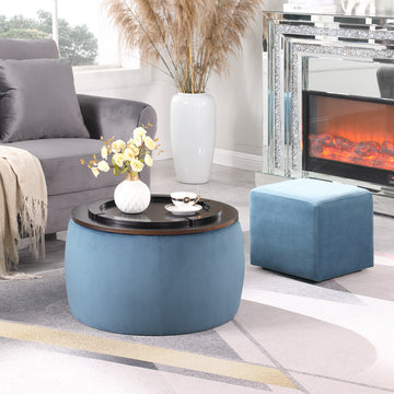 Video Round Ottoman Set With Storage, 2 In 1 Combination, Round Coffee Table, Square Foot Rest Footstool For Living Room Bedroom Entryway Office Blue Velvet