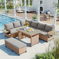 Tomax 5 Piece Outdoor Patio Rattan Sofa Set, Sectional Pe Wicker L Shaped Garden Furniture Set With 2 Extendable Side Tables, Dining Table And Washable Covers For Backyard, Poolside, Indoor, Brown
