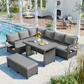 Tomax 5 Piece Outdoor Patio Rattan Sofa Set, Sectional Pe Wicker L Shaped Garden Furniture Set With 2 Extendable Side Tables, Dining Table And Washable Covers For Backyard, Poolside, Indoor, Gray Yes Complete Patio Set Gray Water Resistant Frame Water