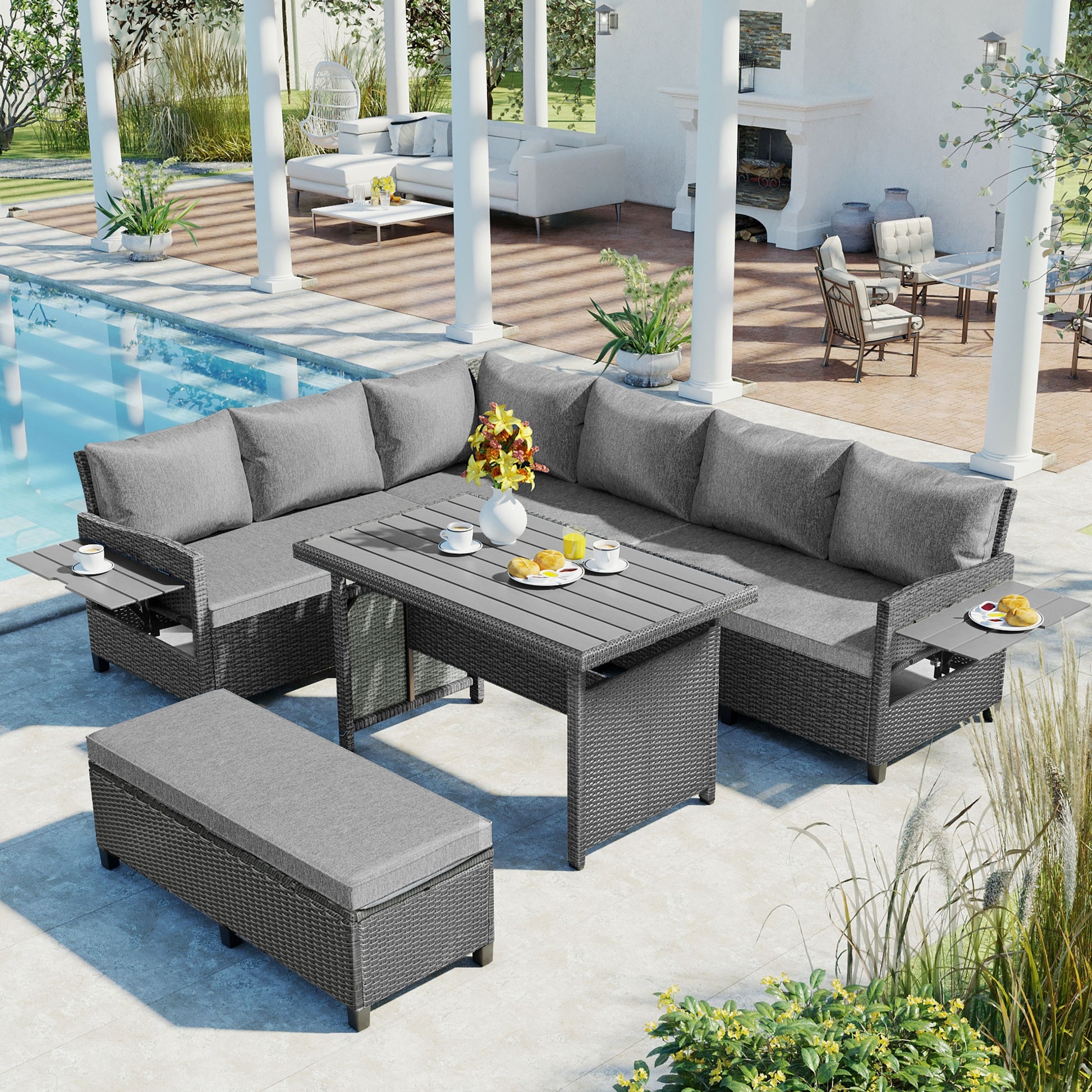 Tomax 5 Piece Outdoor Patio Rattan Sofa Set, Sectional Pe Wicker L Shaped Garden Furniture Set With 2 Extendable Side Tables, Dining Table And Washable Covers For Backyard, Poolside, Indoor, Gray Yes Complete Patio Set Gray Water Resistant Frame Water