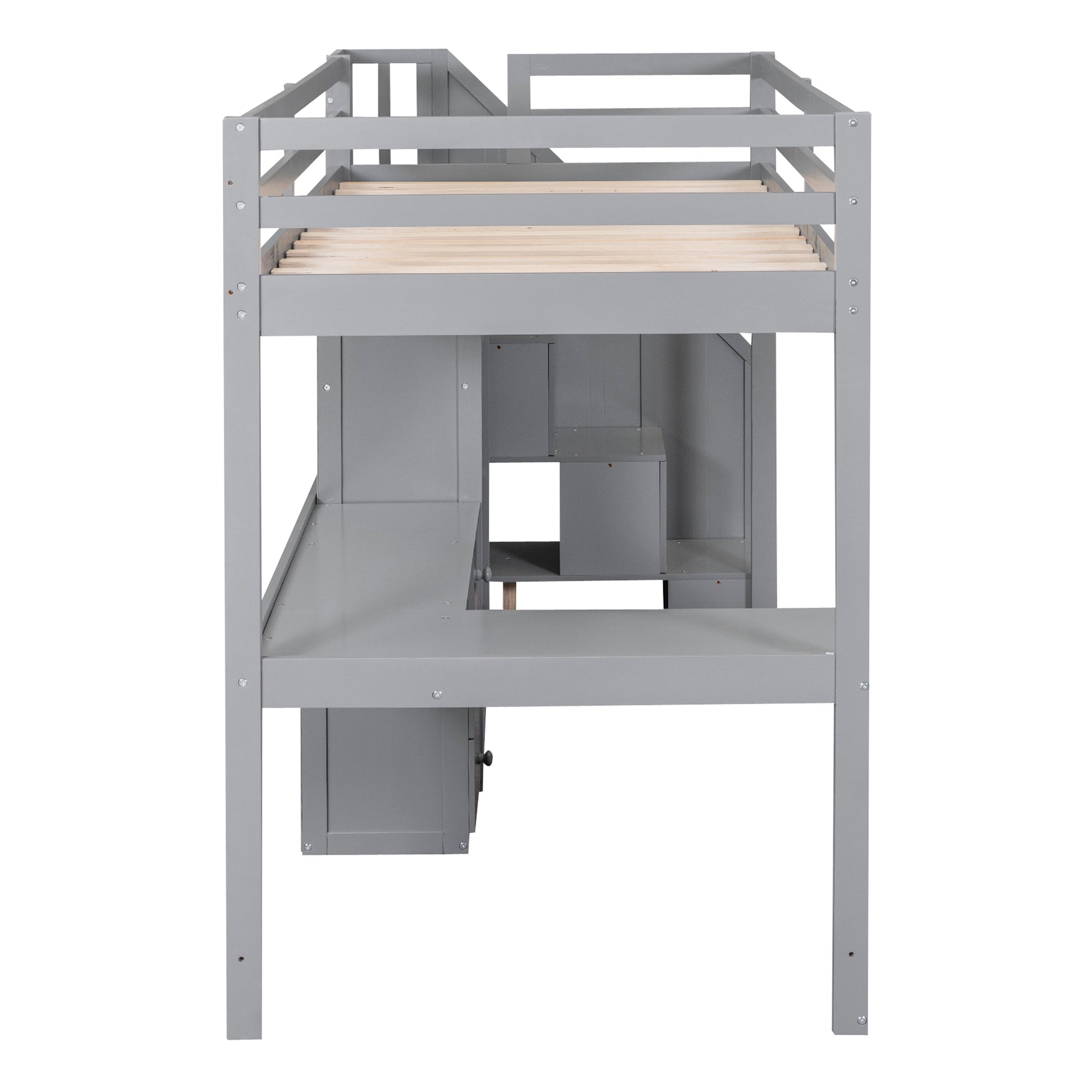 Twin Size Loft Bed With L Shaped Desk And Drawers, Cabinet And Storage Staircase, Gray Gray Pine