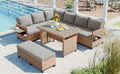 Tomax 5 Piece Outdoor Patio Rattan Sofa Set, Sectional Pe Wicker L Shaped Garden Furniture Set With 2 Extendable Side Tables, Dining Table And Washable Covers For Backyard, Poolside, Indoor, Brown