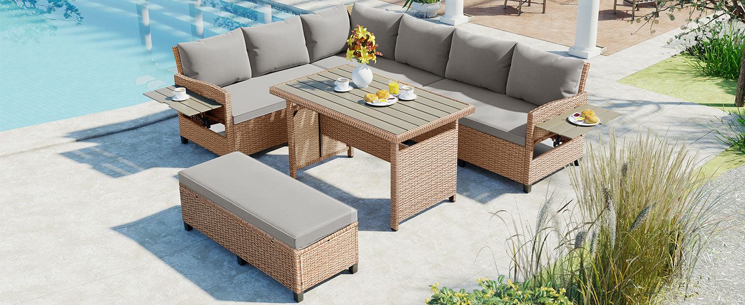 Tomax 5 Piece Outdoor Patio Rattan Sofa Set, Sectional Pe Wicker L Shaped Garden Furniture Set With 2 Extendable Side Tables, Dining Table And Washable Covers For Backyard, Poolside, Indoor, Brown