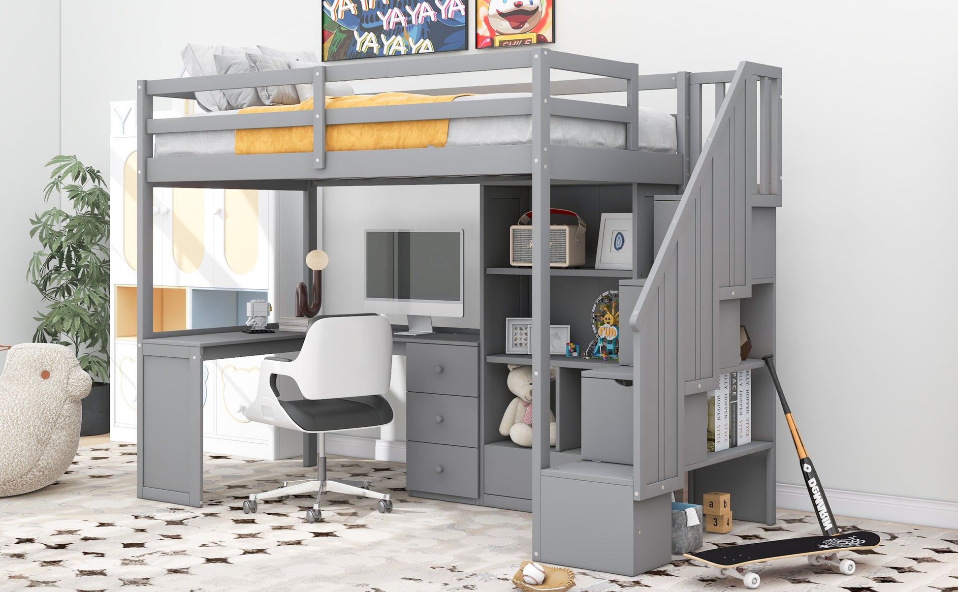 Twin Size Loft Bed With L Shaped Desk And Drawers, Cabinet And Storage Staircase, Gray Gray Pine