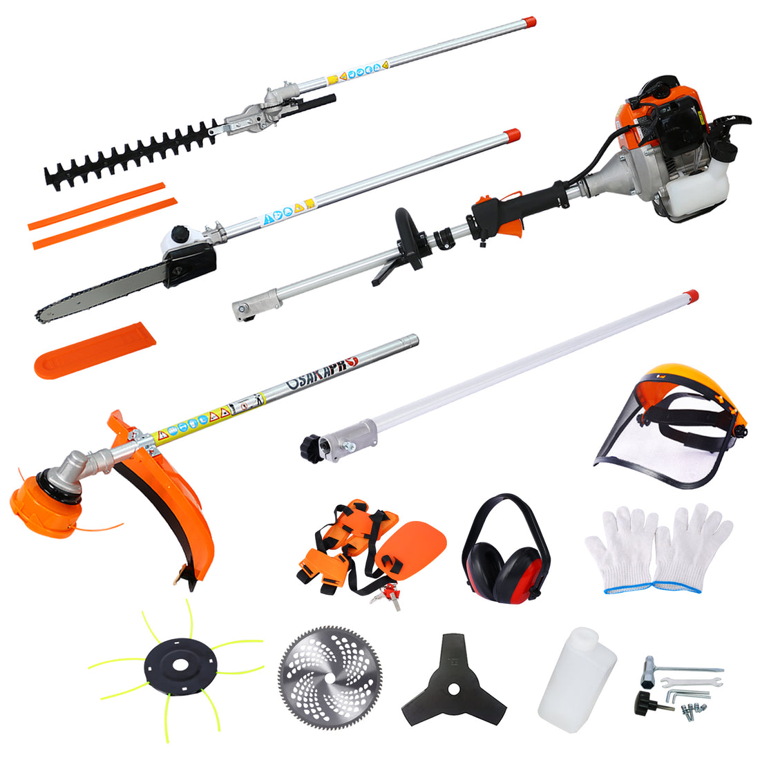 10 In 1 Multi Functional Trimming Tool, 52Cc 2 Cycle Garden Tool System With Gas Pole Saw, Hedge Trimmer, Grass Trimmer, And Brush Cutter Epa Compliant Orange Plastic