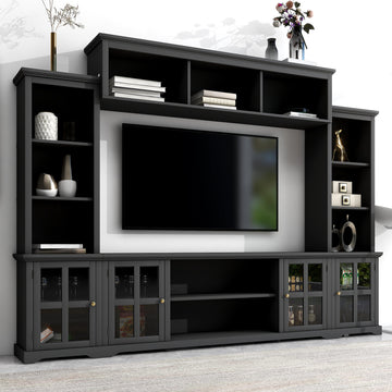 Minimalism Entertainment Wall Unit With Bridge, Modern Tv Console Table For Tvs Up To 70", Multifunctional Tv Stand With Tempered Glass Door, Black Old Sku: Sd000009Aab Black 70 79 Inches Particle Board