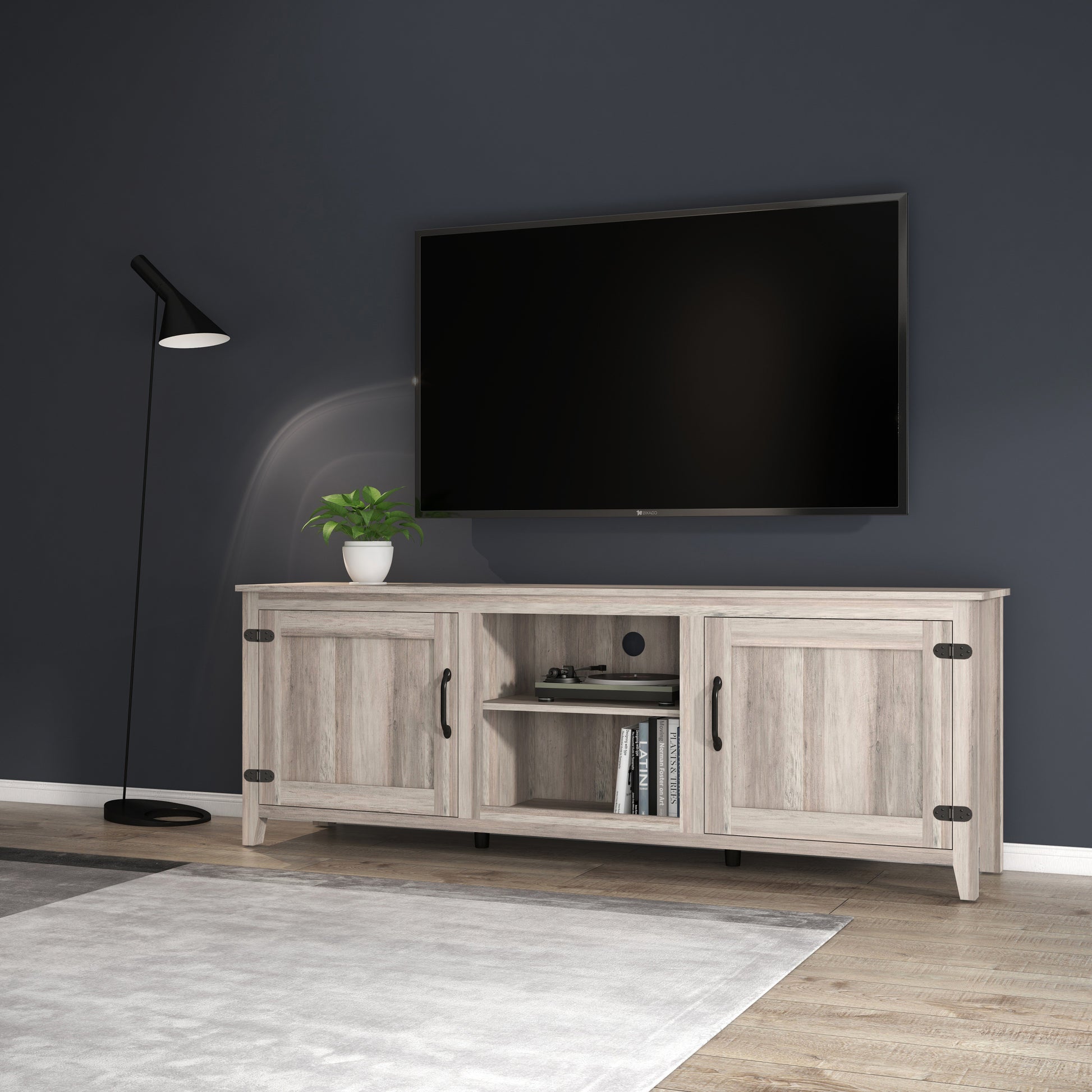 Tv Stand Storage Media Console Entertainment Center With Two Doors, Grey Walnut Grey Particle Board