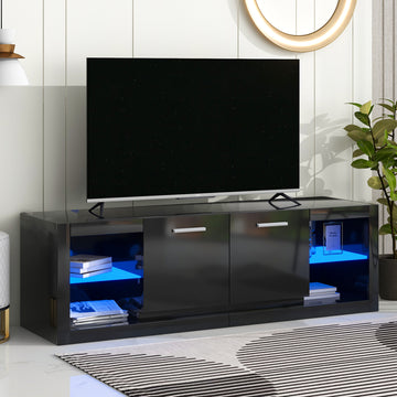 Modern Tv Stand With 2 Tempered Glass Shelves, High Gloss Entertainment Center For Tvs Up To 70'', Elegant Tv Cabinet With Led Color Changing Lights For Living Room, Black Black Particle Board