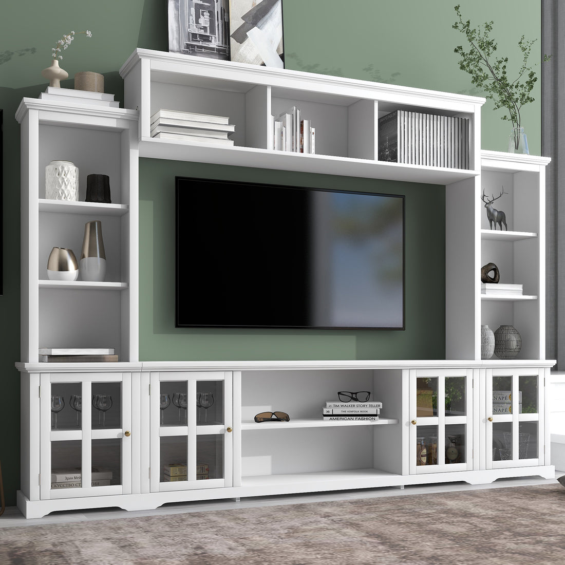 Minimalism Entertainment Wall Unit With Bridge, Modern Tv Console Table For Tvs Up To 70", Multifunctional Tv Stand With Tempered Glass Door, White Old Sku: Sd000009Aak White 70 79 Inches Particle Board