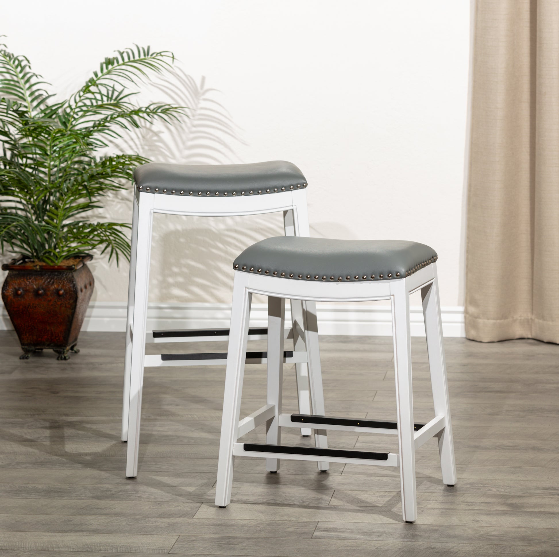 30" Bar Height Saddle Stool, White Finish, Gray Leather Seat White Polyester Bonded Leather