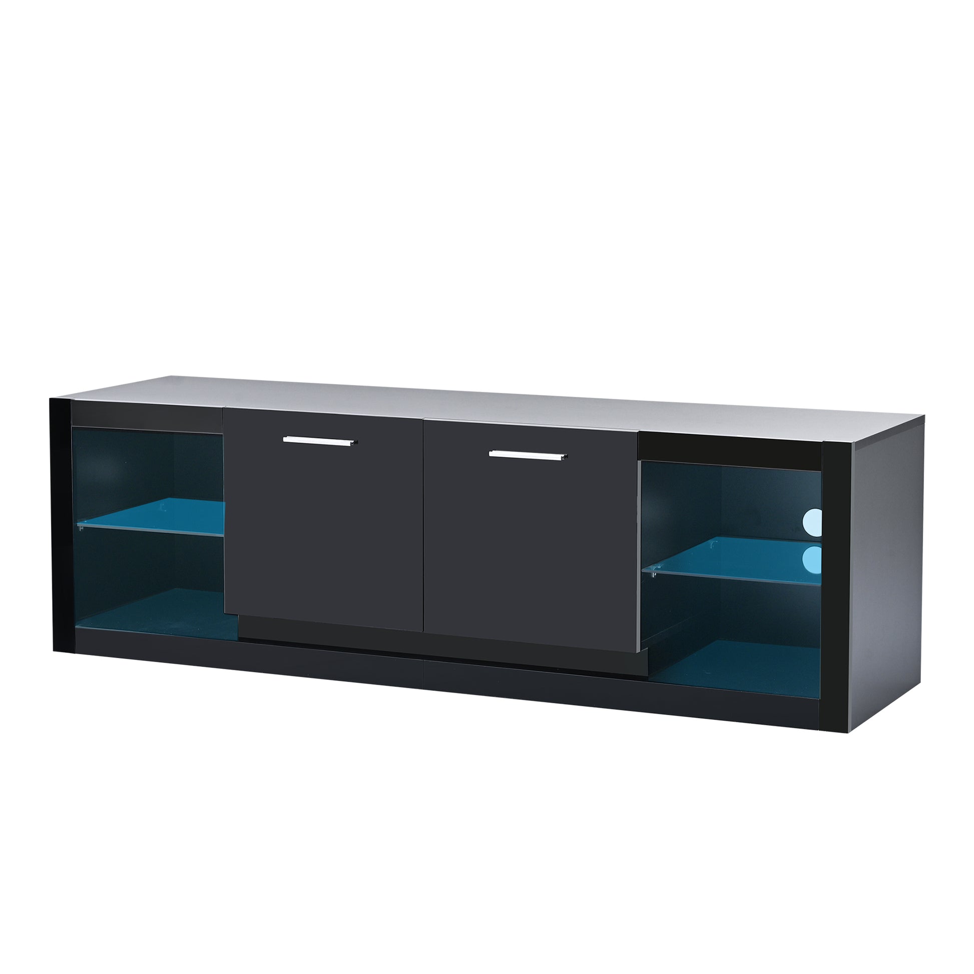 Modern Tv Stand With 2 Tempered Glass Shelves, High Gloss Entertainment Center For Tvs Up To 70'', Elegant Tv Cabinet With Led Color Changing Lights For Living Room, Black Black Particle Board