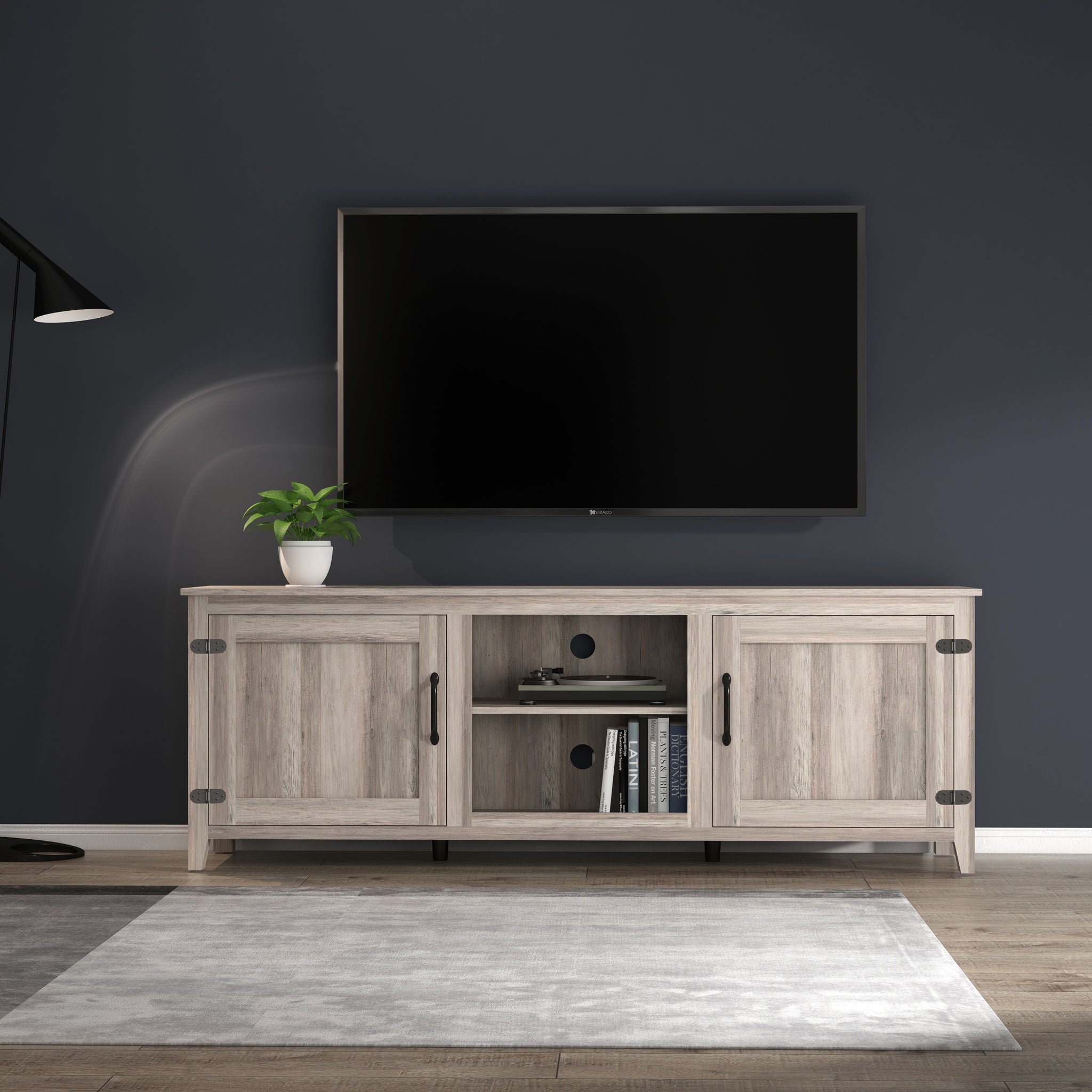 Tv Stand Storage Media Console Entertainment Center With Two Doors, Grey Walnut Grey Particle Board