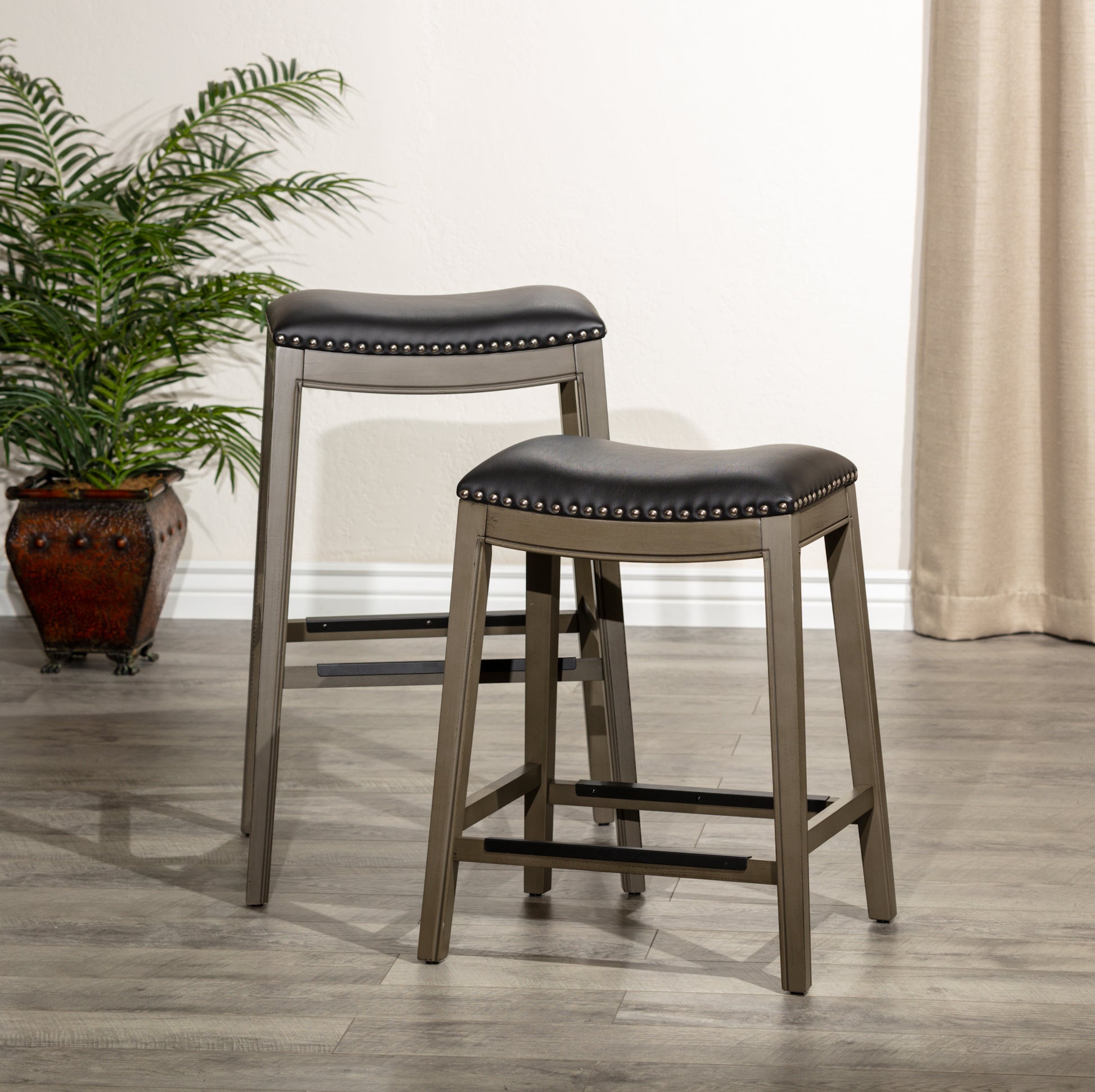 30" Bar Height Saddle Stool, Weathered Gray Finish, Black Leather Seat Gray Polyester Bonded Leather