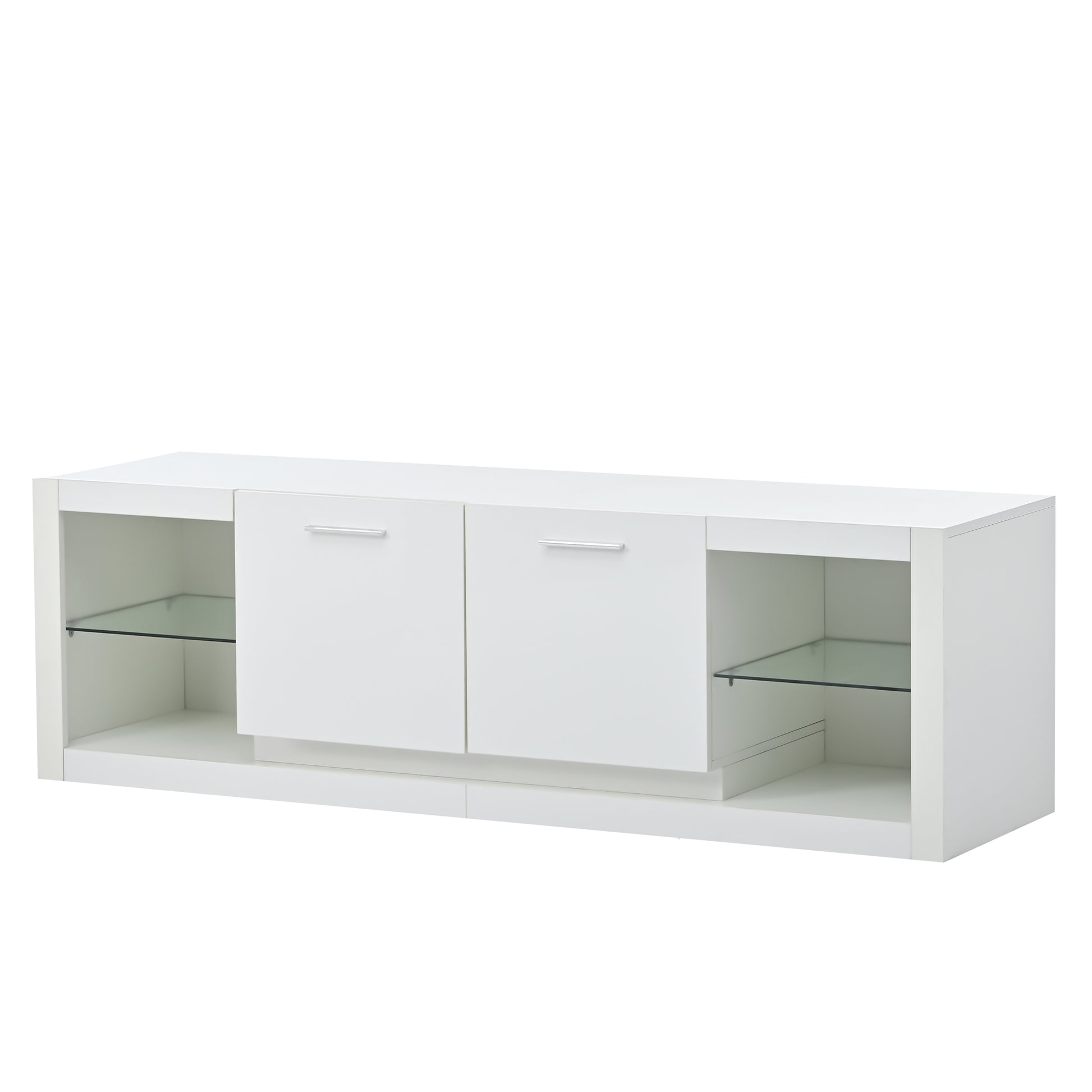 Modern Tv Stand With 2 Tempered Glass Shelves, High Gloss Entertainment Center For Tvs Up To 70'', Elegant Tv Cabinet With Led Color Changing Lights For Living Room, White White 70 79 Inches Particle Board