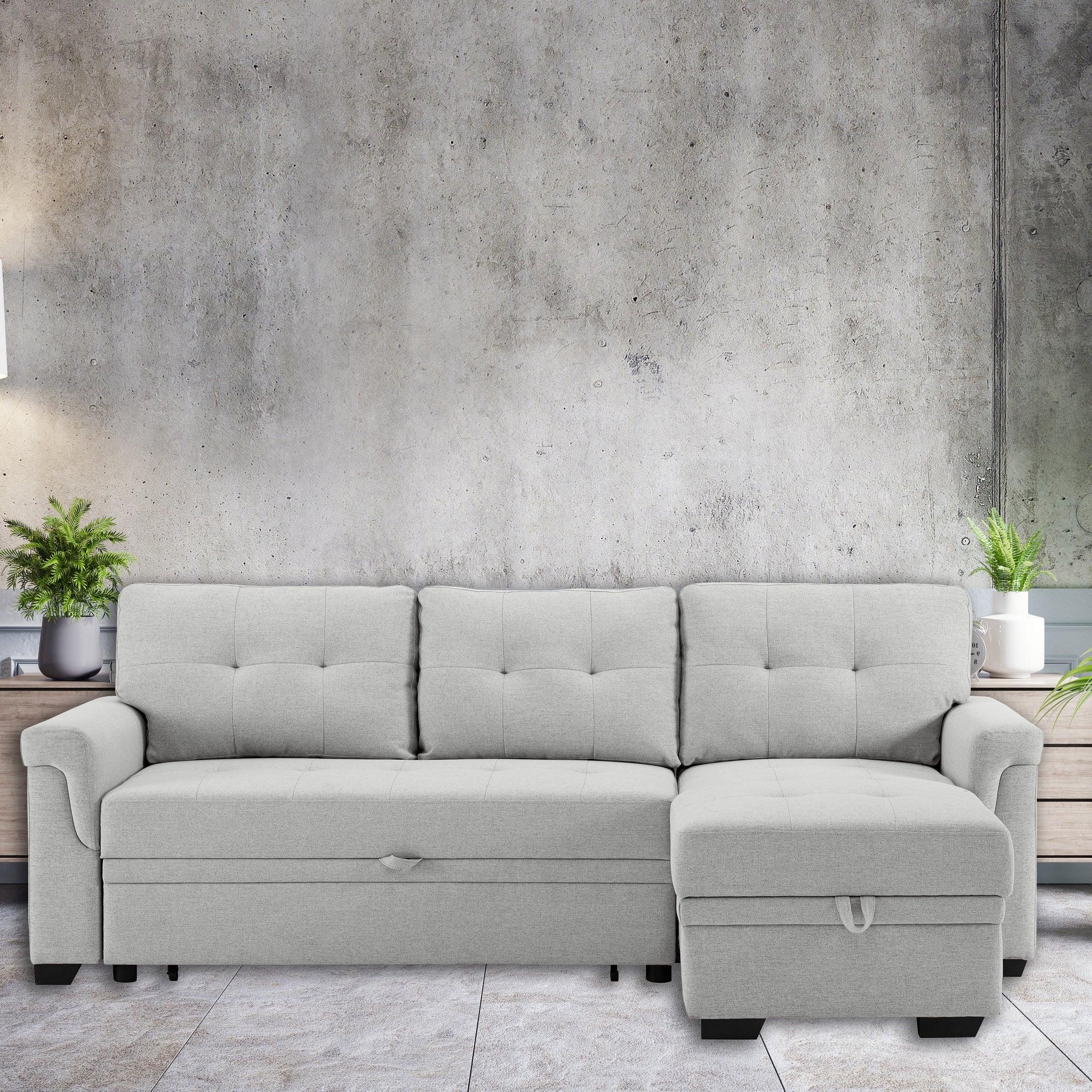 Hunter 84" Light Gray Linen Reversible Sleeper Sectional Sofa With Storage Chaise Light Gray Linen